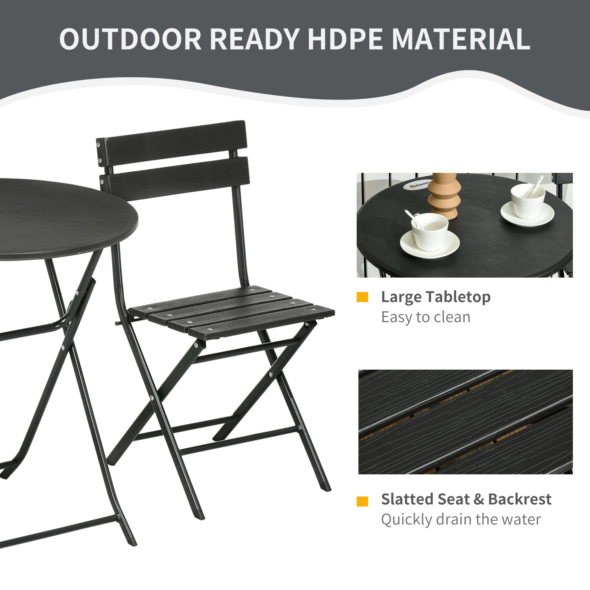 SMOKY GREY | 3 Piece Garden Set with 2 Folding Chairs and Table in Steel and HDPE, Dark Grey - Borge' Group Limited
