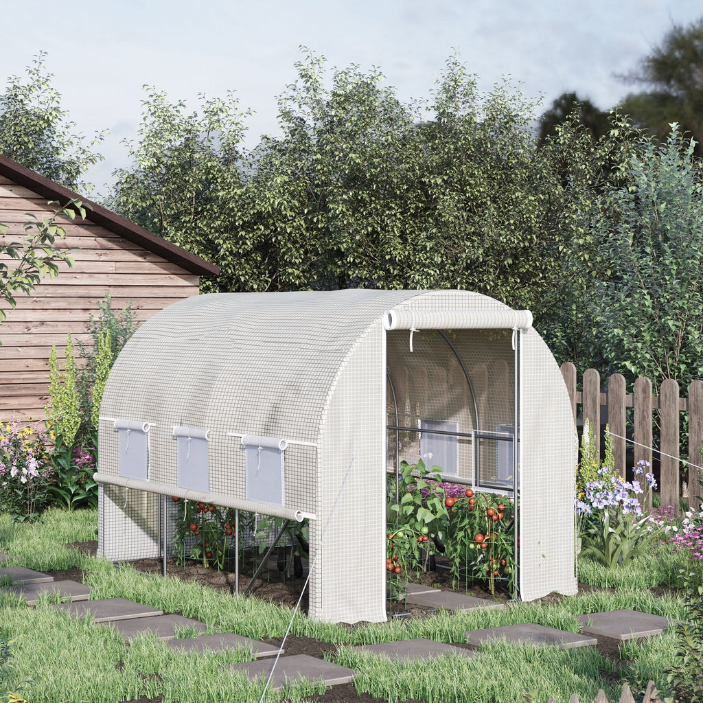 3x2x2m Steel Greenhouse with PE Cover, Zip Doors and Mesh Windows, White - Borge' Group Limited