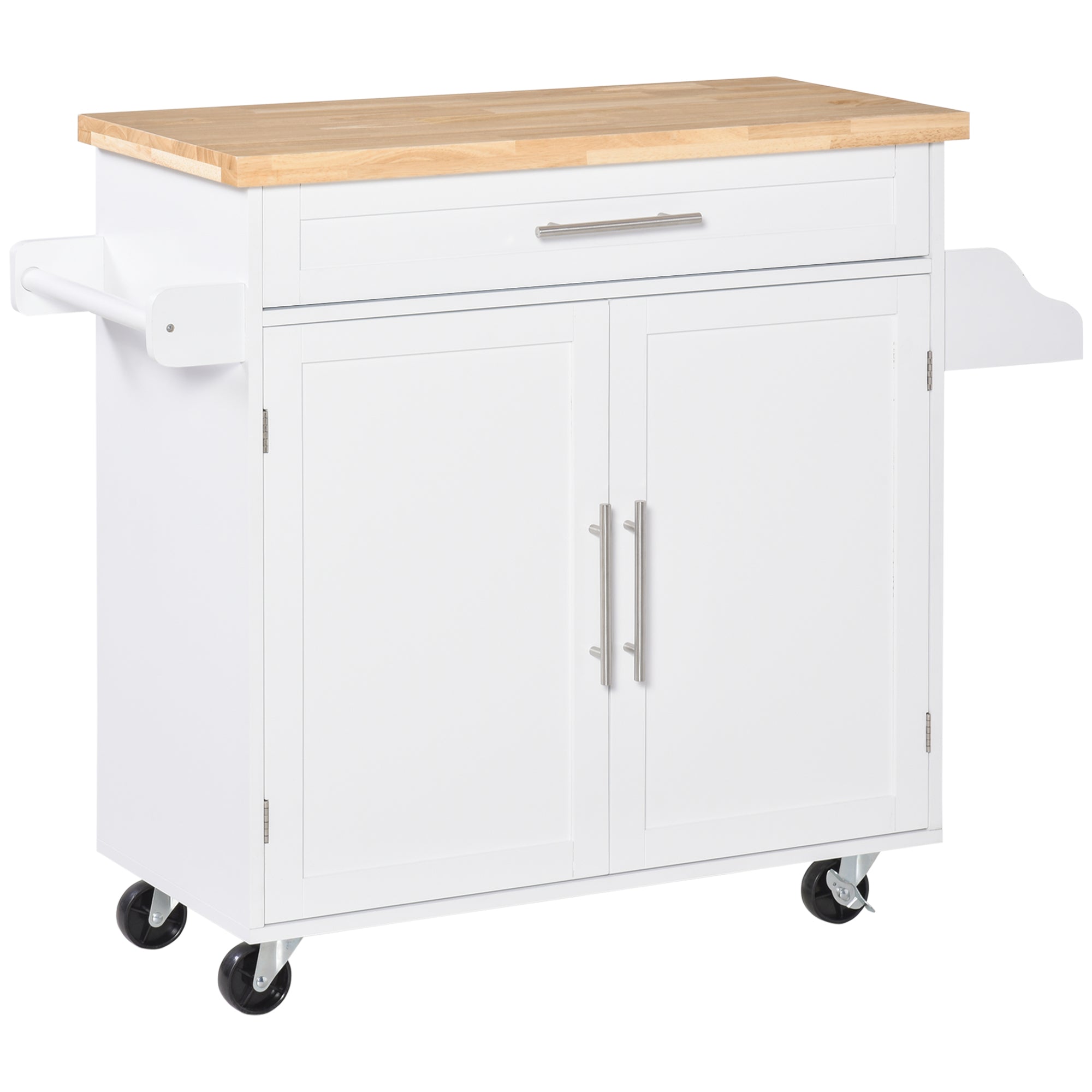 Kitchen Trolley with drawer, door holders, locker and 4 wheels, 109x40x89cm, white - Borgè