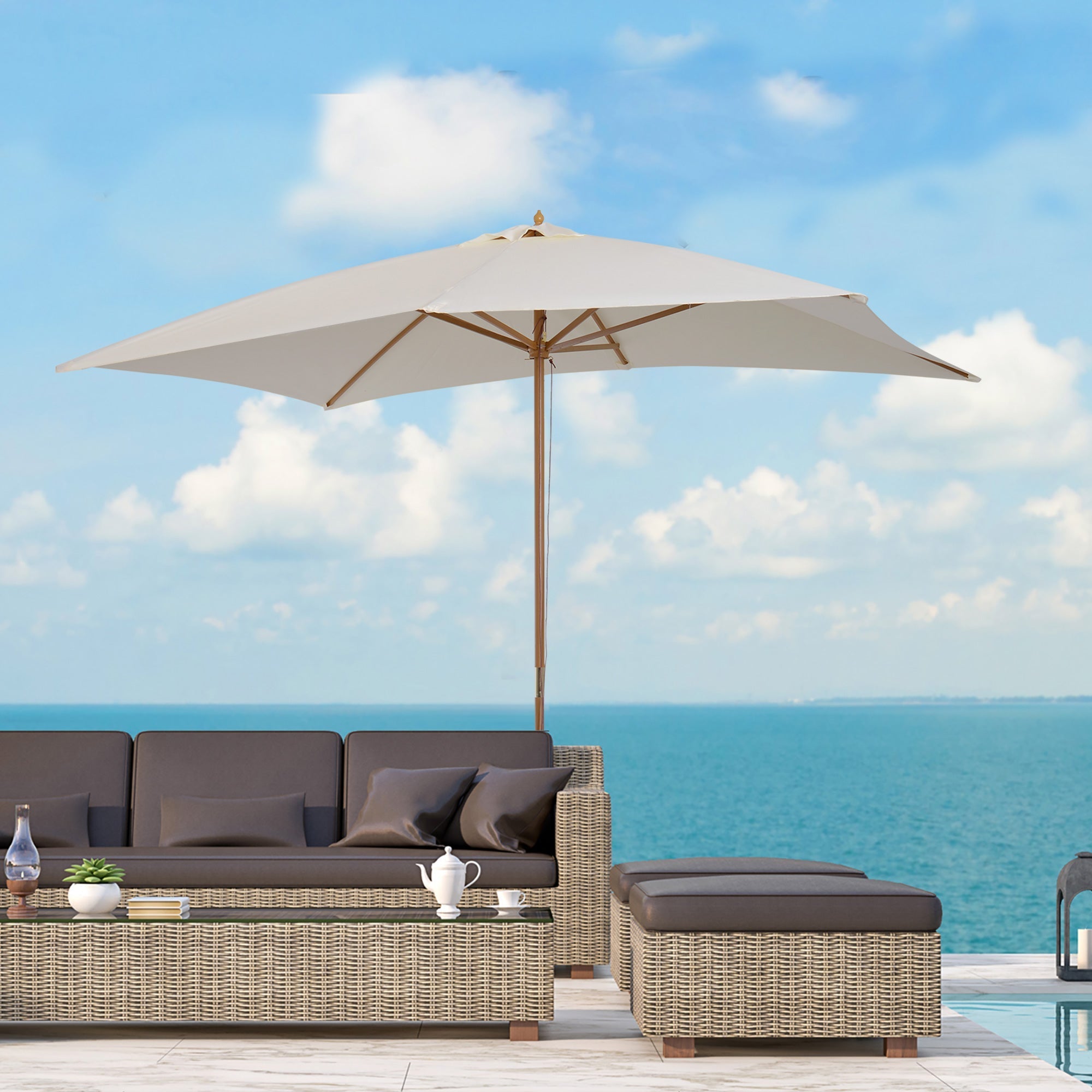 2x3m Waterproof Garden Umbrella, Wood and 180G Polyester, Beige - Borge' Group Limited