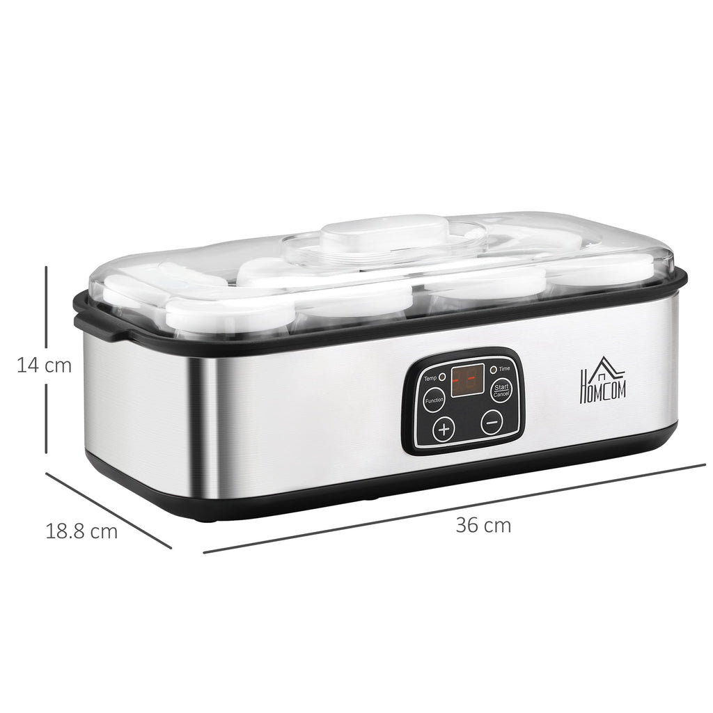 Electric Yogurt Maker with 8 Jars Included, Timer 1-48 Hours and Adjustable Temperature 20-50°C, 36x18.8x14cm, Silver - Borgè
