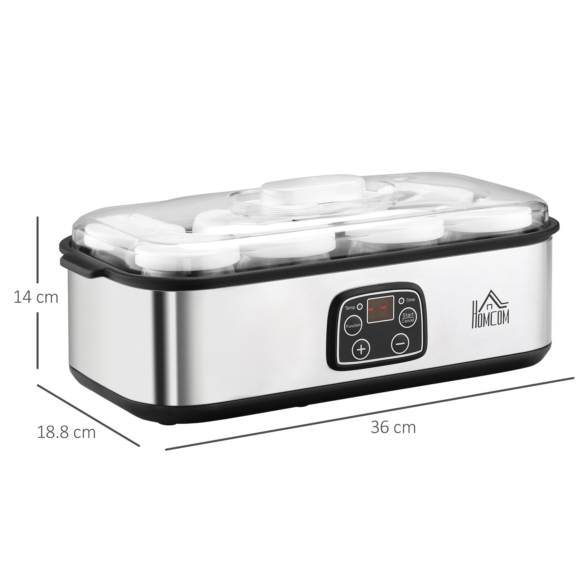 Electric Yogurt Maker with 8 Jars Included, Timer 1-48 Hours and Adjustable Temperature 20-50°C, 36x18.8x14cm, Silver - Borgè