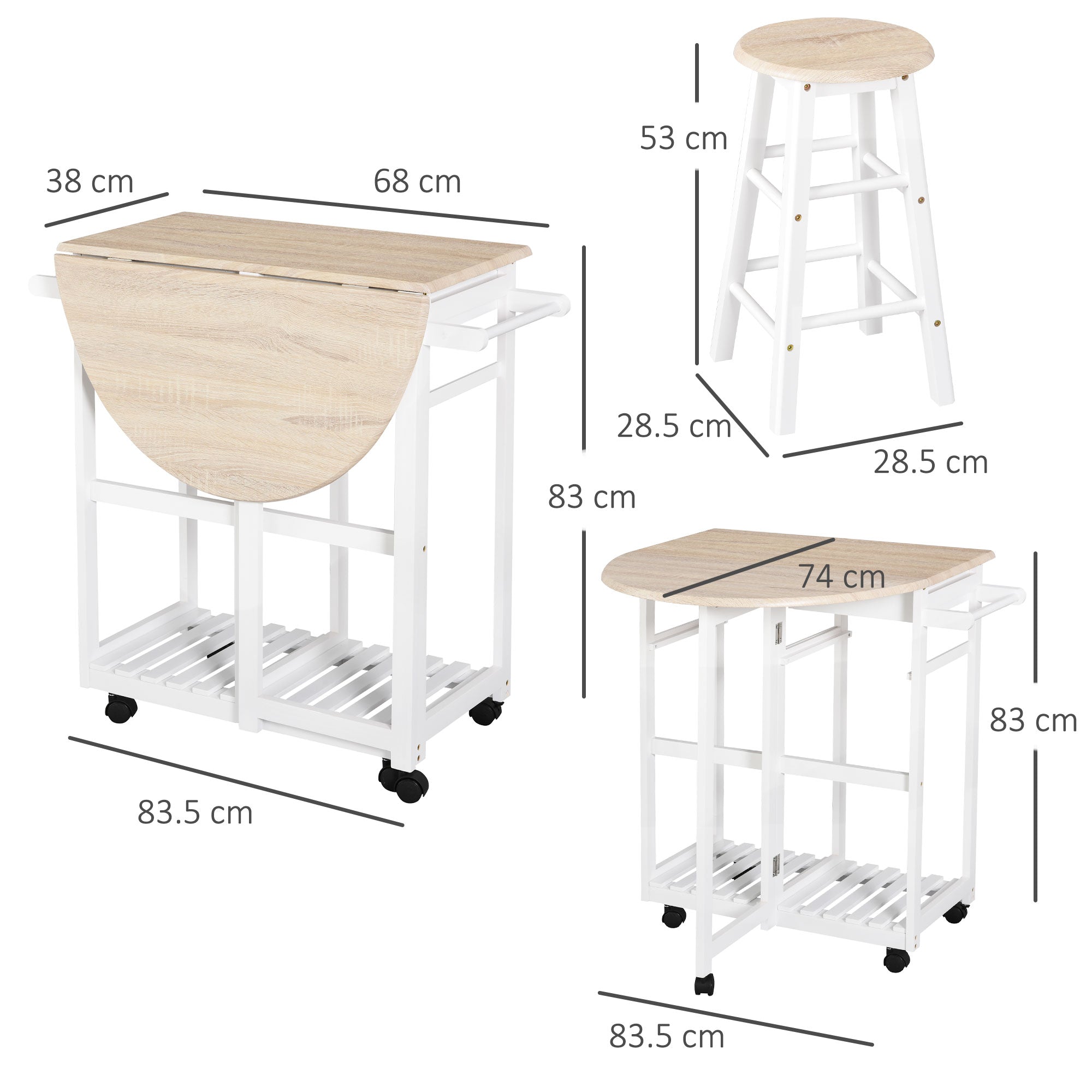Folding Kitchen Cart with 2 White MDF wooden stools - Borgè