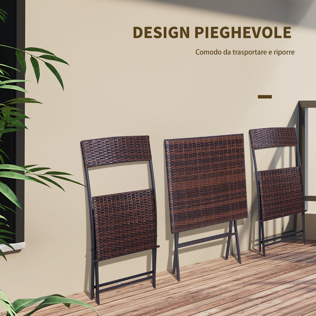 3-Piece Folding Garden Set, PE Rattan and Metal, 2 Chairs and Coffee Table, UV Protection, Balcony Furniture Set, for Patio and Backyard, Brown - Borge' Group Limited