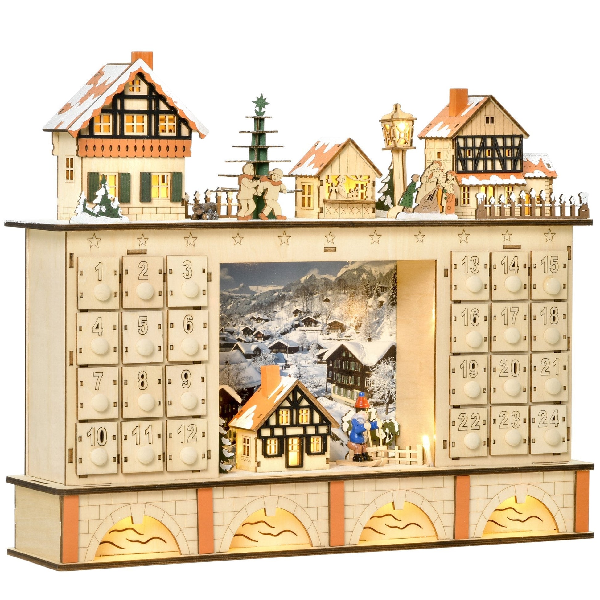 Wooden Advent calendar with 24 drawers decoration with Christmas village and lights, 44x10x37cm - wood - Borgè