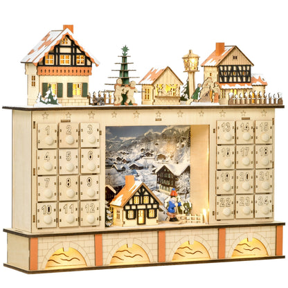 Wooden Advent calendar with 24 drawers decoration with Christmas village and lights, 44x10x37cm - wood - Borgè