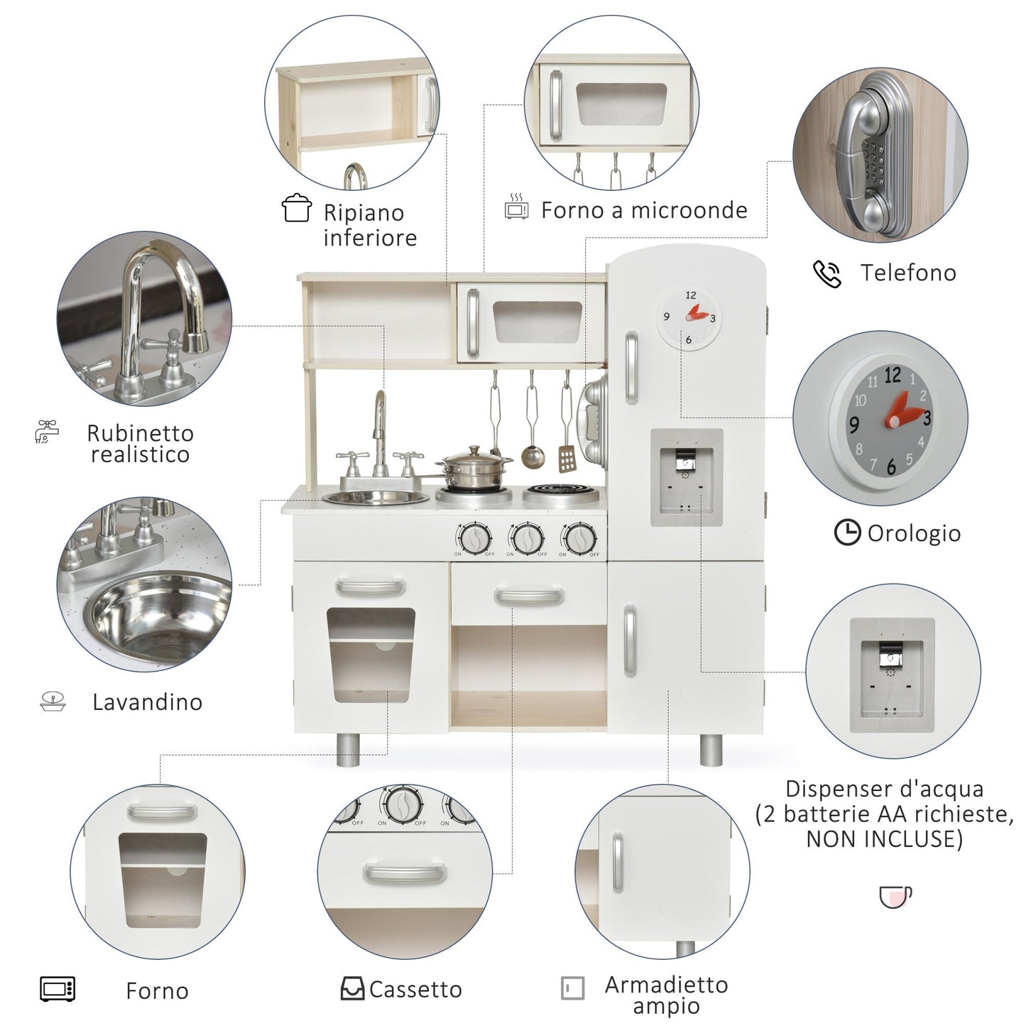 wooden toy kitchen for children with sink and stove pots and tools - white - Borgè