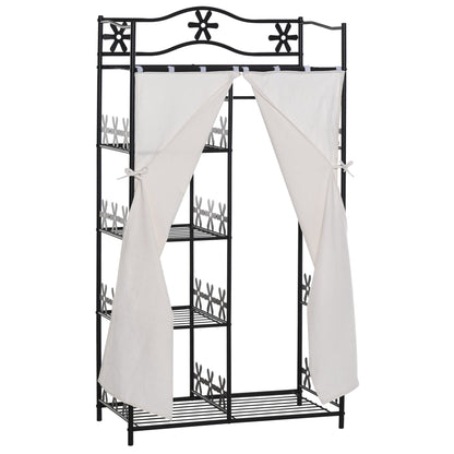 closet wardrobe hanger with 5 shelves and 2 curtains, 84 x 42 x 158.5cm, in black metal with flower decorations