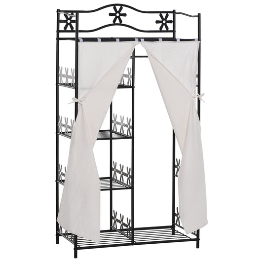 closet wardrobe hanger with 5 shelves and 2 curtains, 84 x 42 x 158.5cm, in black metal with flower decorations