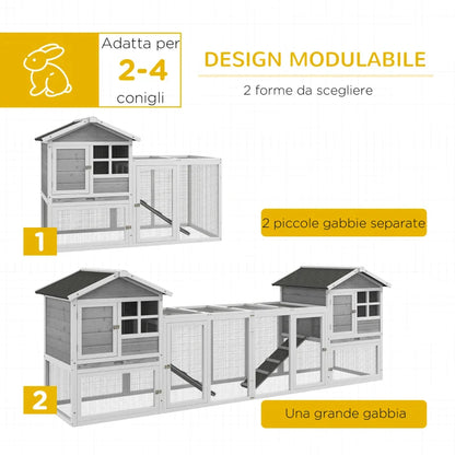 Outdoor Chicken wooden bun with 2 houses and open area fenced with doors and ramps, 259x64x92 cm, gray - Borgè