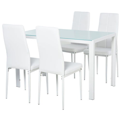 Set 5 pieces with 1 table and 4 kitchen chairs or dining room in the same -like, metal and tempered glass, white - Borgè