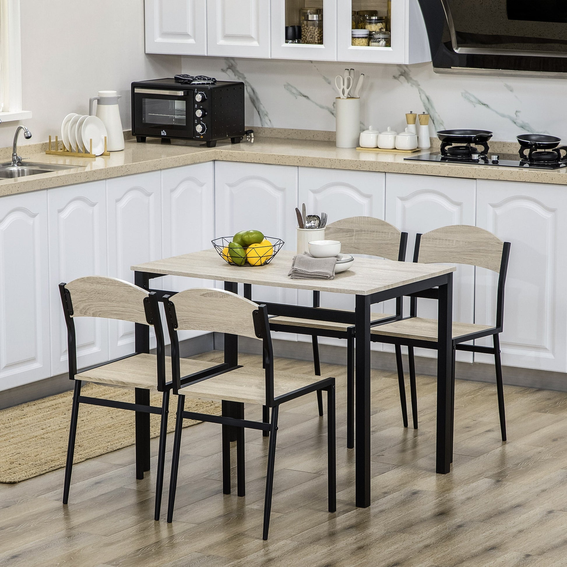 lunchtime set with rectangular table and 4 steel and mdf chairs, black and oak - Borgè