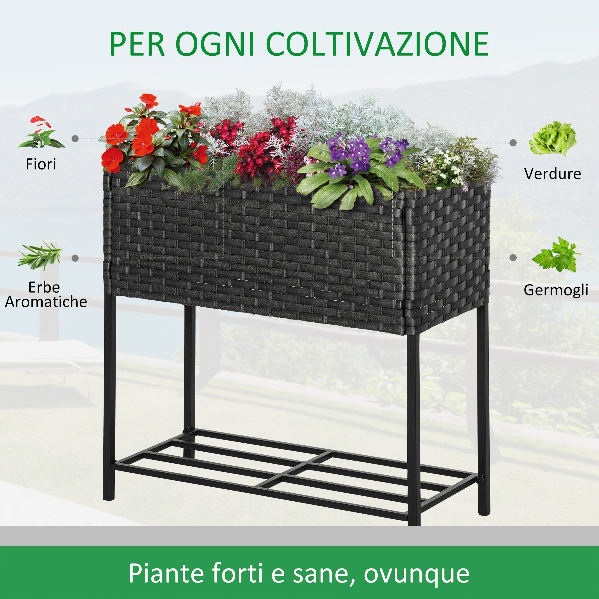 Raised Garden Bed, Wicker-Effect Planter with Shelf, Raised Garden Bed for Indoor and Outdoor Use, Grey (70cm x 30cm x 72cm) - Borge' Group Limited