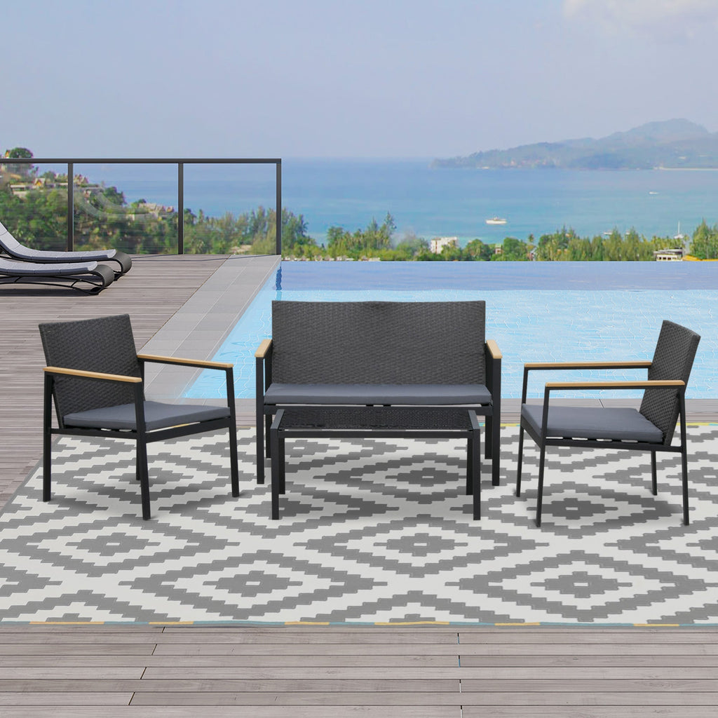 4-Piece Outdoor Lounge Set with 2 Chairs, Sofa and Coffee Table, Garden Furniture in Rattan and Black Steel - Borge' Group Limited