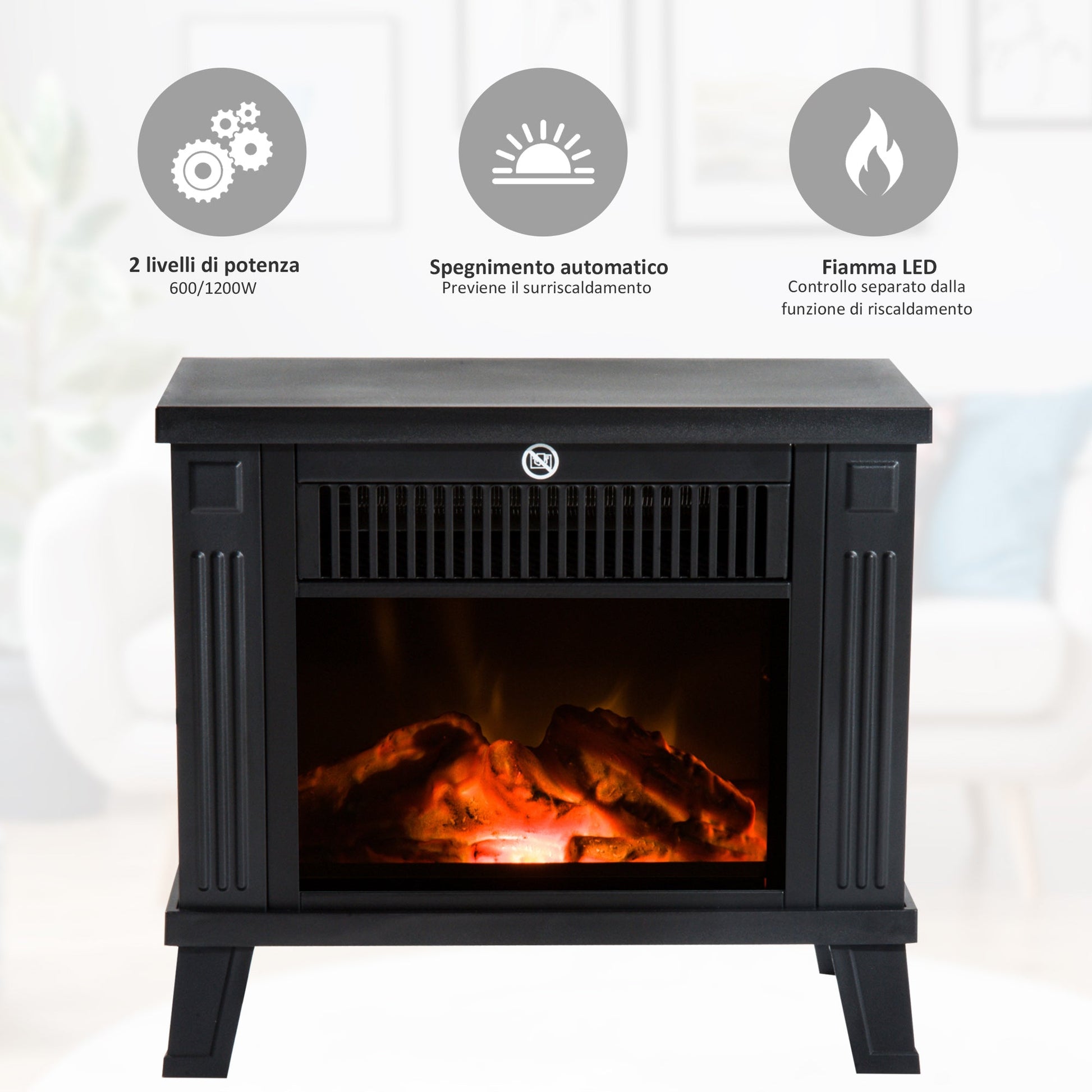 Modern Floor Standing Electric Fireplace Power 600W/1200W with Flame Effect 34 x 17 x 31cm Black - Borgè