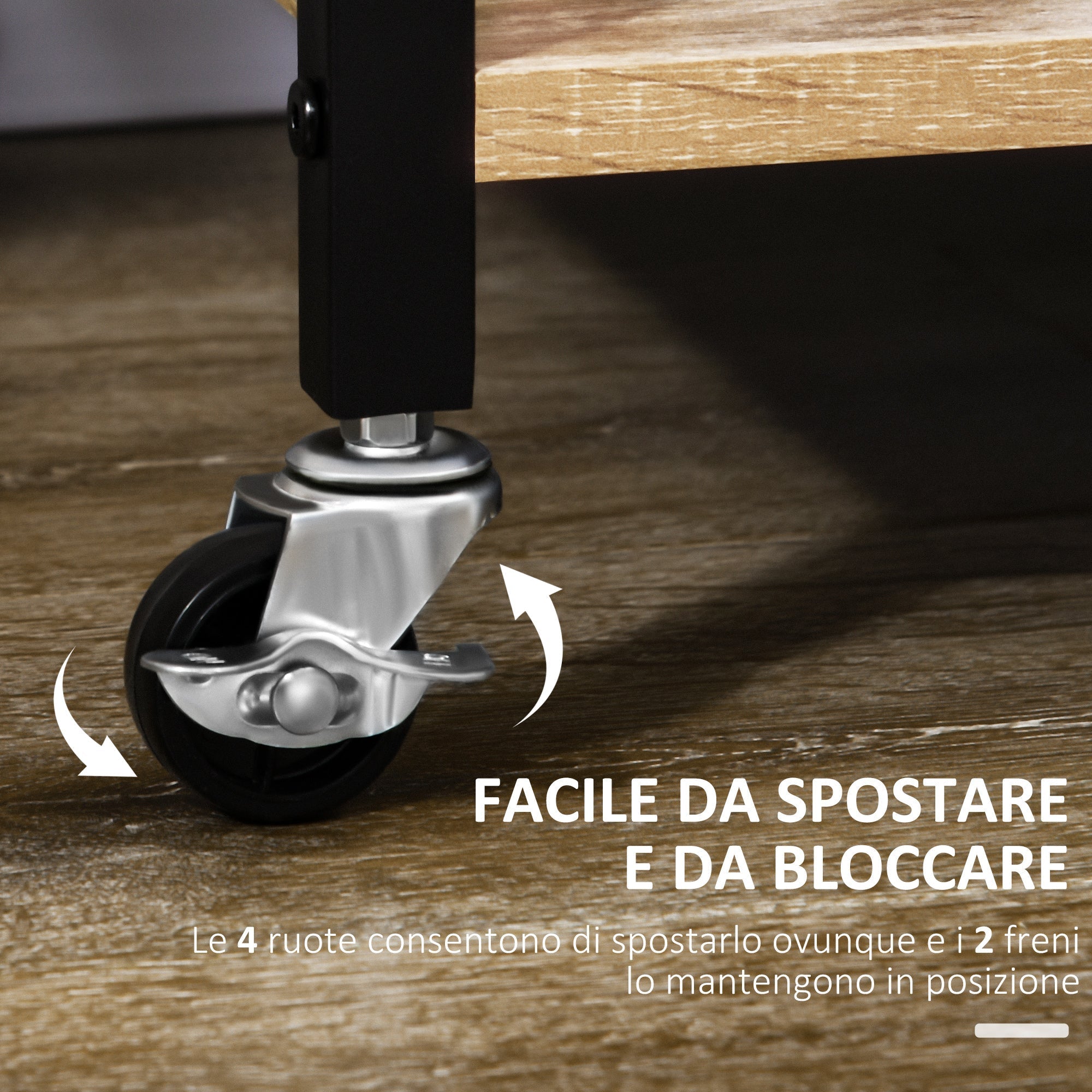 kitchen trolley with 3 shelves with removable tray and swivel wheels, 72x40x94cm, wood and black - Borgè