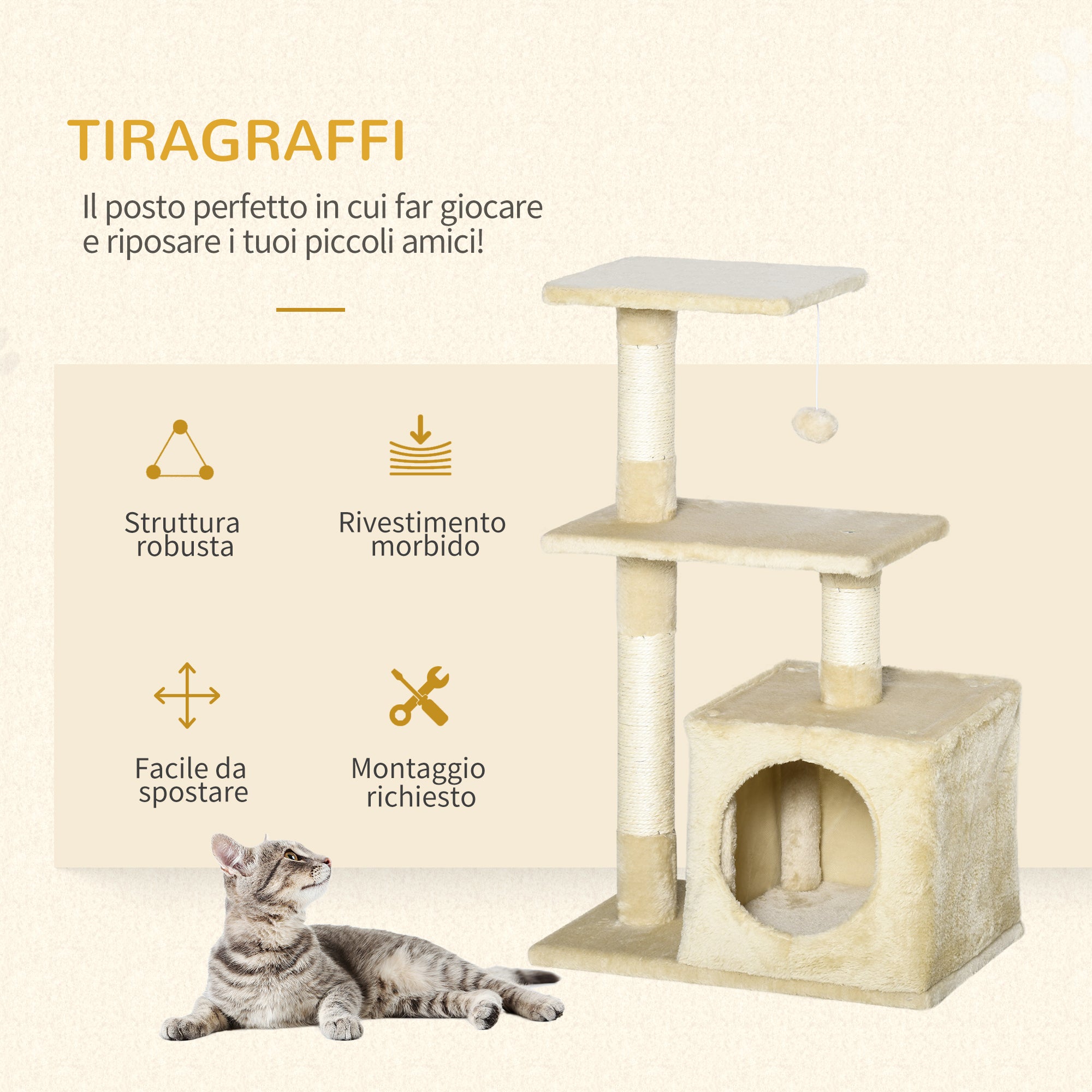 Beige Cat Tree for cats with Scratch Pole  50 x 30 x 80CM - Borge' Group Limited