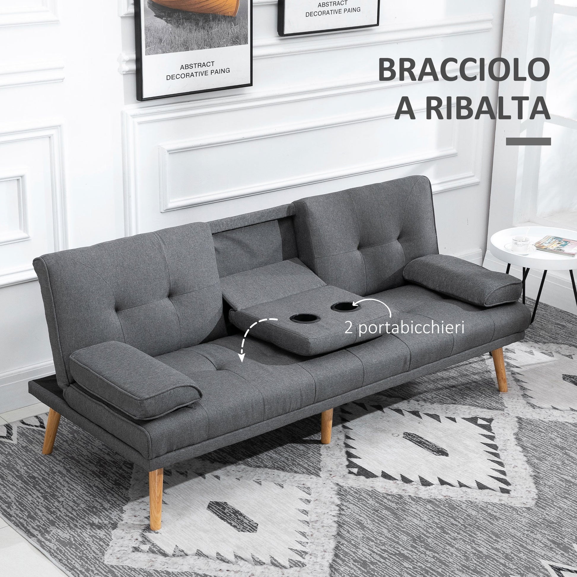 Sofa bed 3 seats reclining with 2 detachable armrests, in linen effect fabric and poplar wood, 181x77x78 cm - Borgè