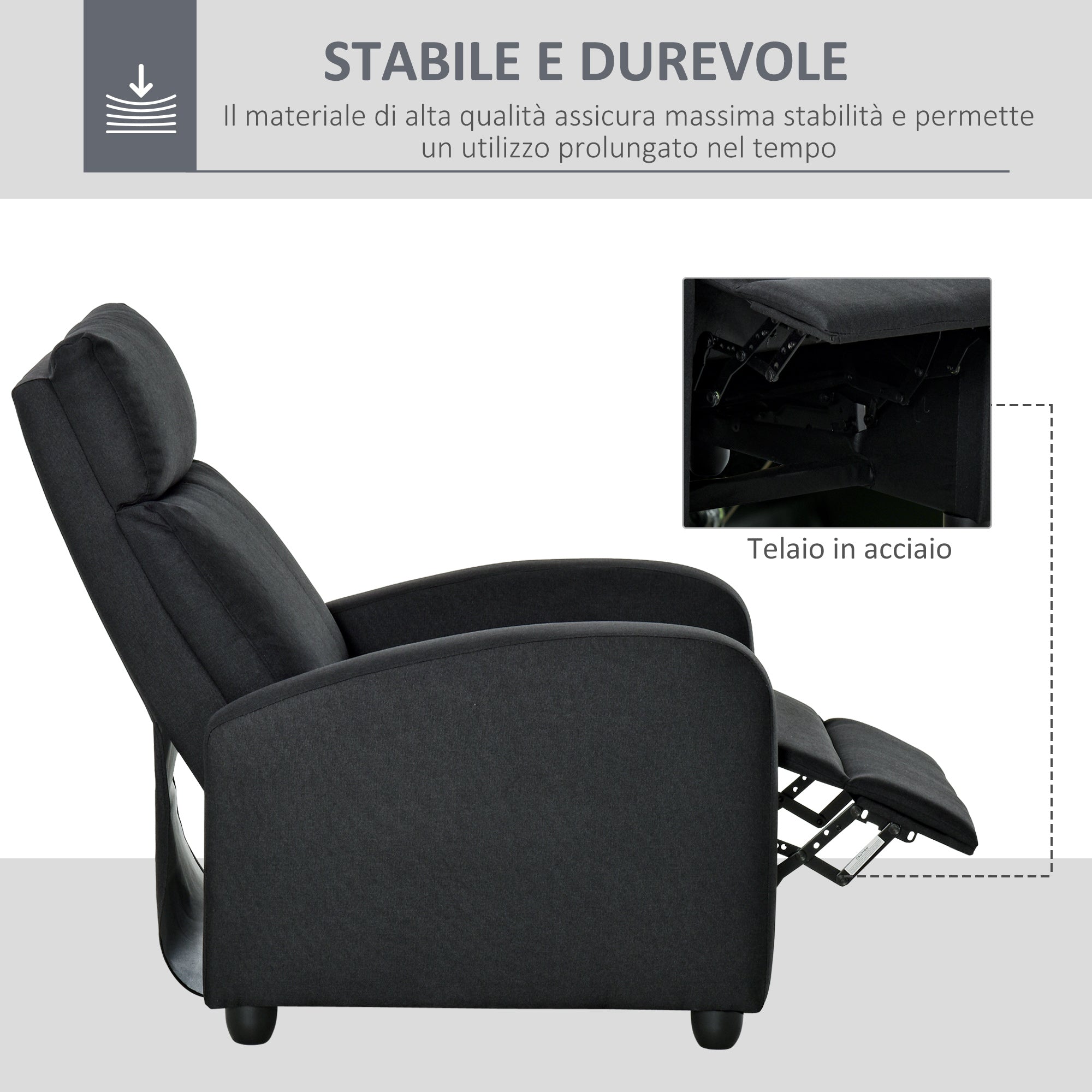 Padded Relax Armchair With Reclinable Back and Pullified Pypiece In Black Fabric - Borgè