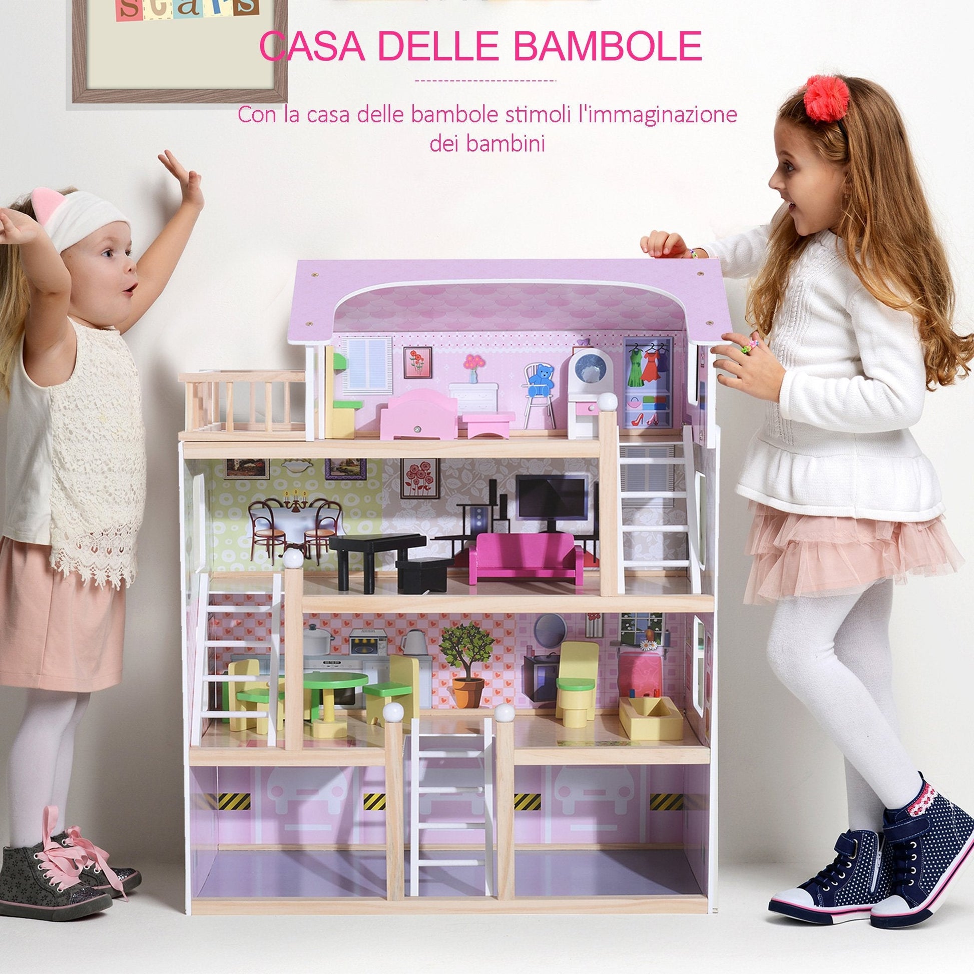 House of Children's Dolls 3+ Years in Pino wood and 4 -storey MDF with 13 accessories, pink, 60x30x80 cm - Borgè