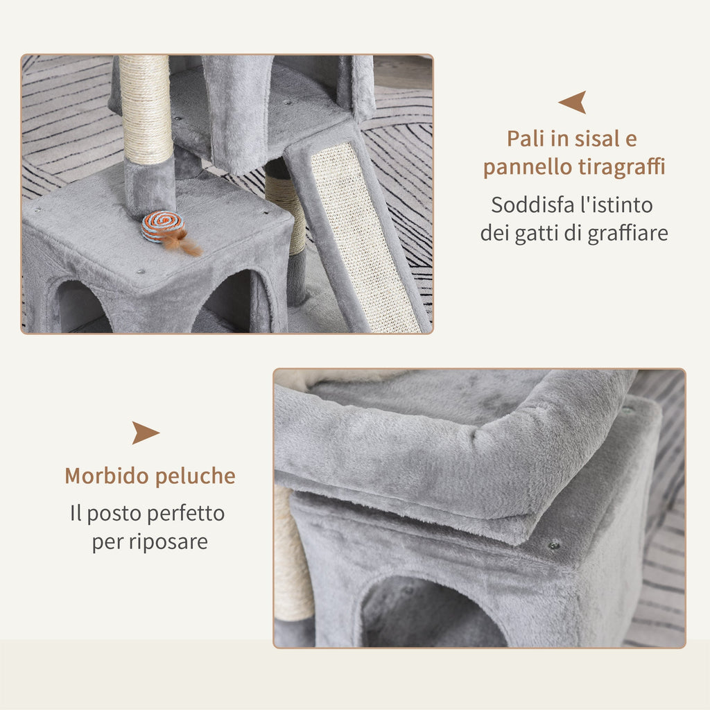 Cat Tree with Sisal Poles, Bed and 2 Houses, 59x39x83cm, Grey - Borge' Group Limited