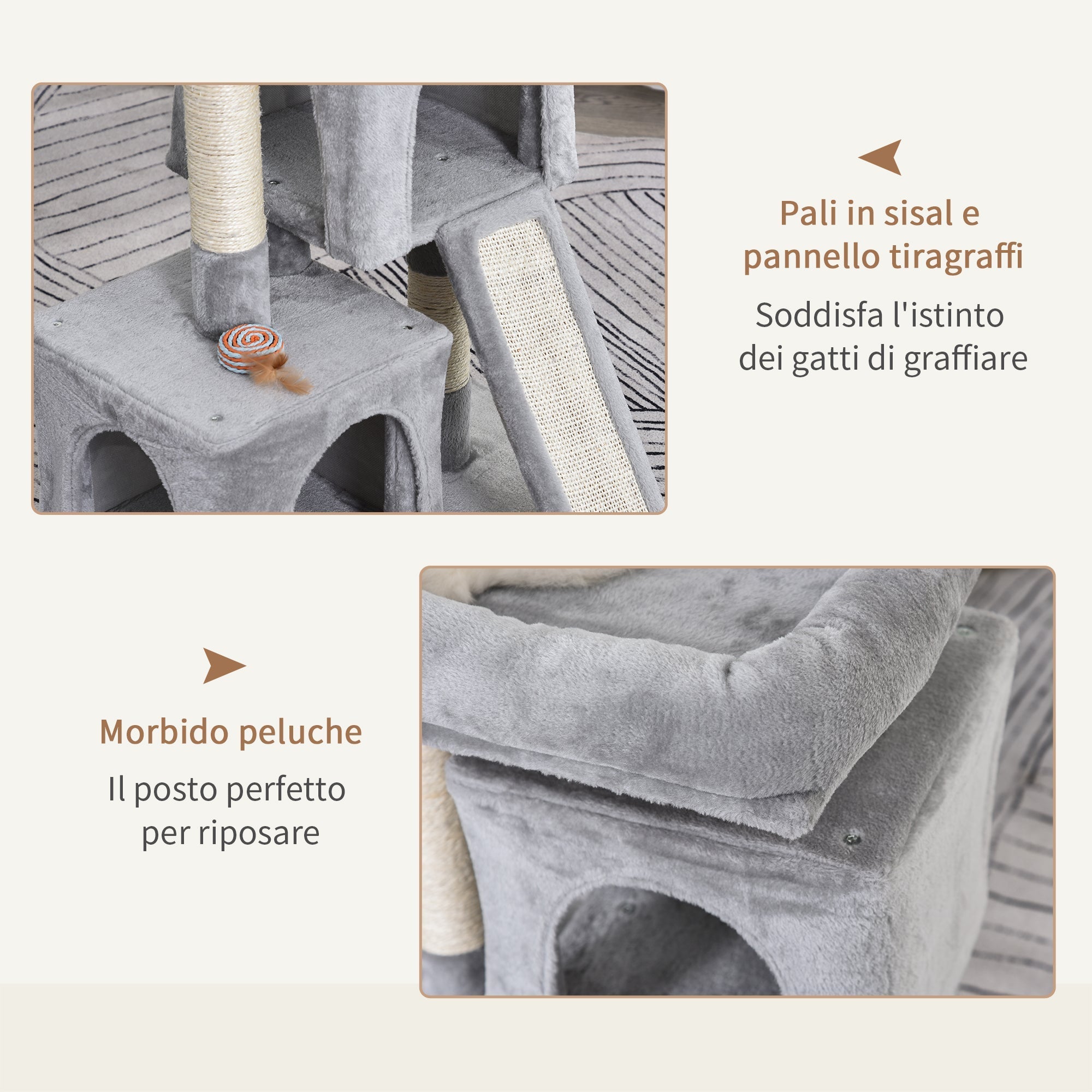 Cat Tree with Sisal Poles, Bed and 2 Houses, 59x39x83cm, Grey - Borge' Group Limited