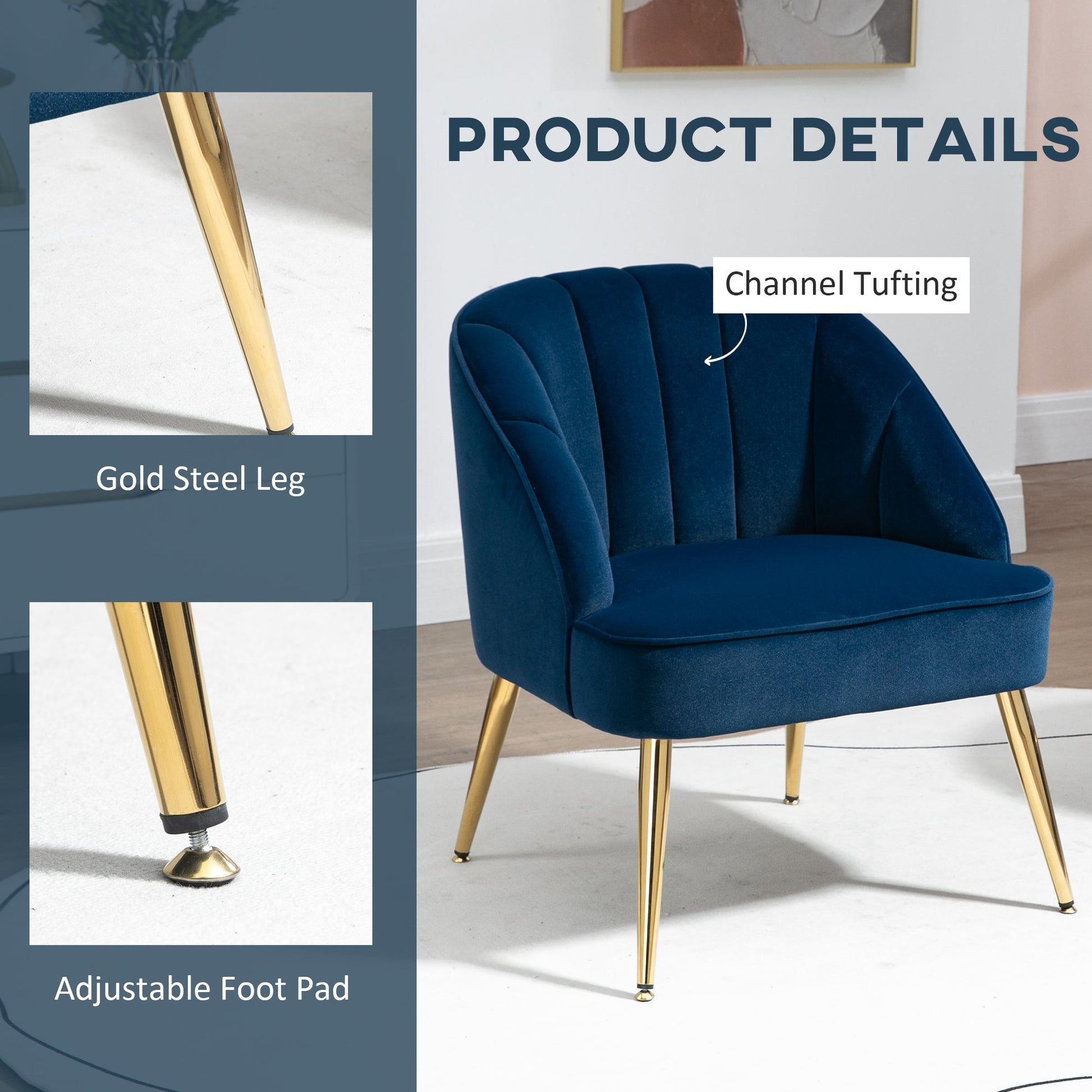 Camera Armchair Velvet with golden steel legs, 65x64x77cm dark blue - Borgè