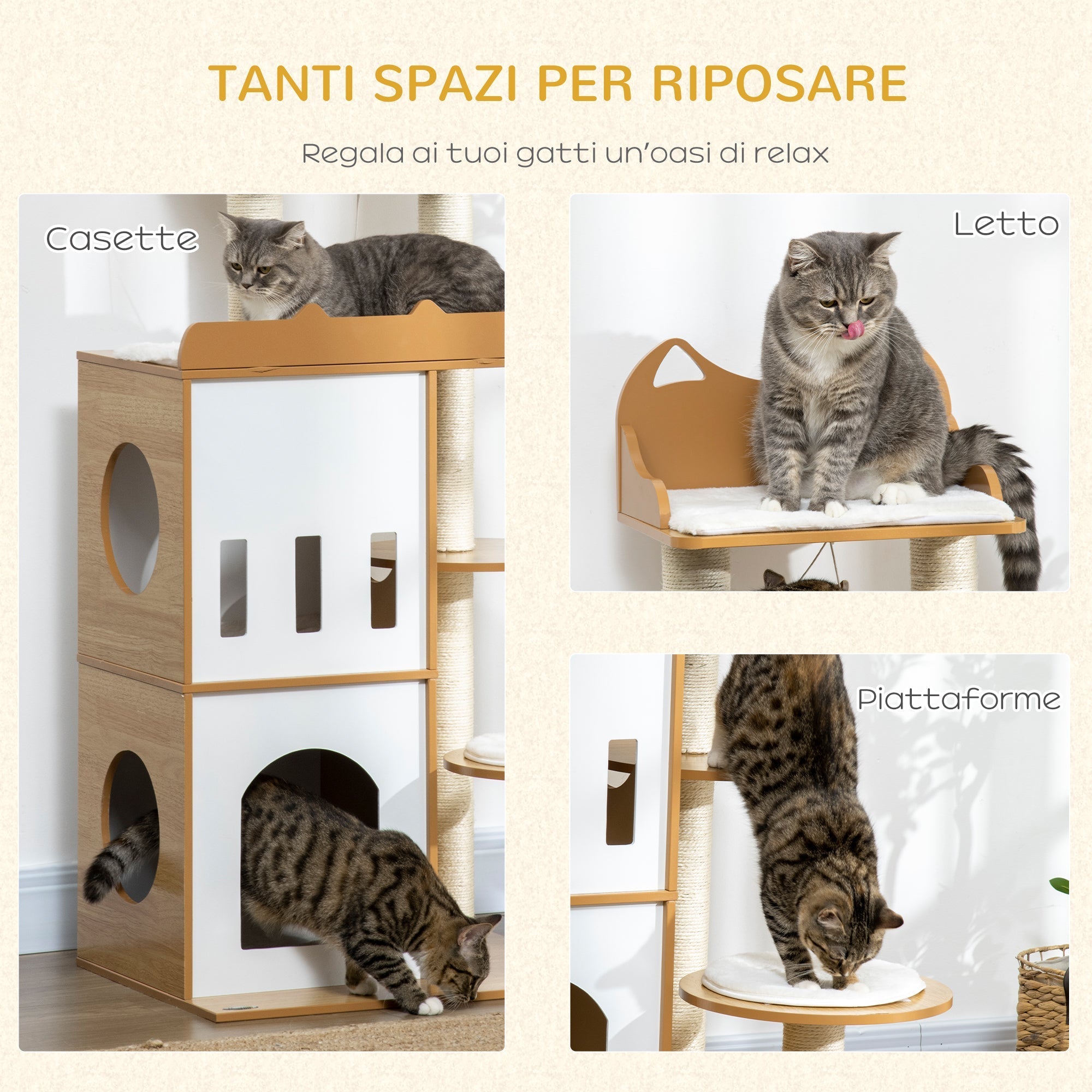 Cat Tree with Cat Scratching Post, 2 Cat Houses, Perches and Play Ball, 60x48x133 cm - Borge' Group Limited