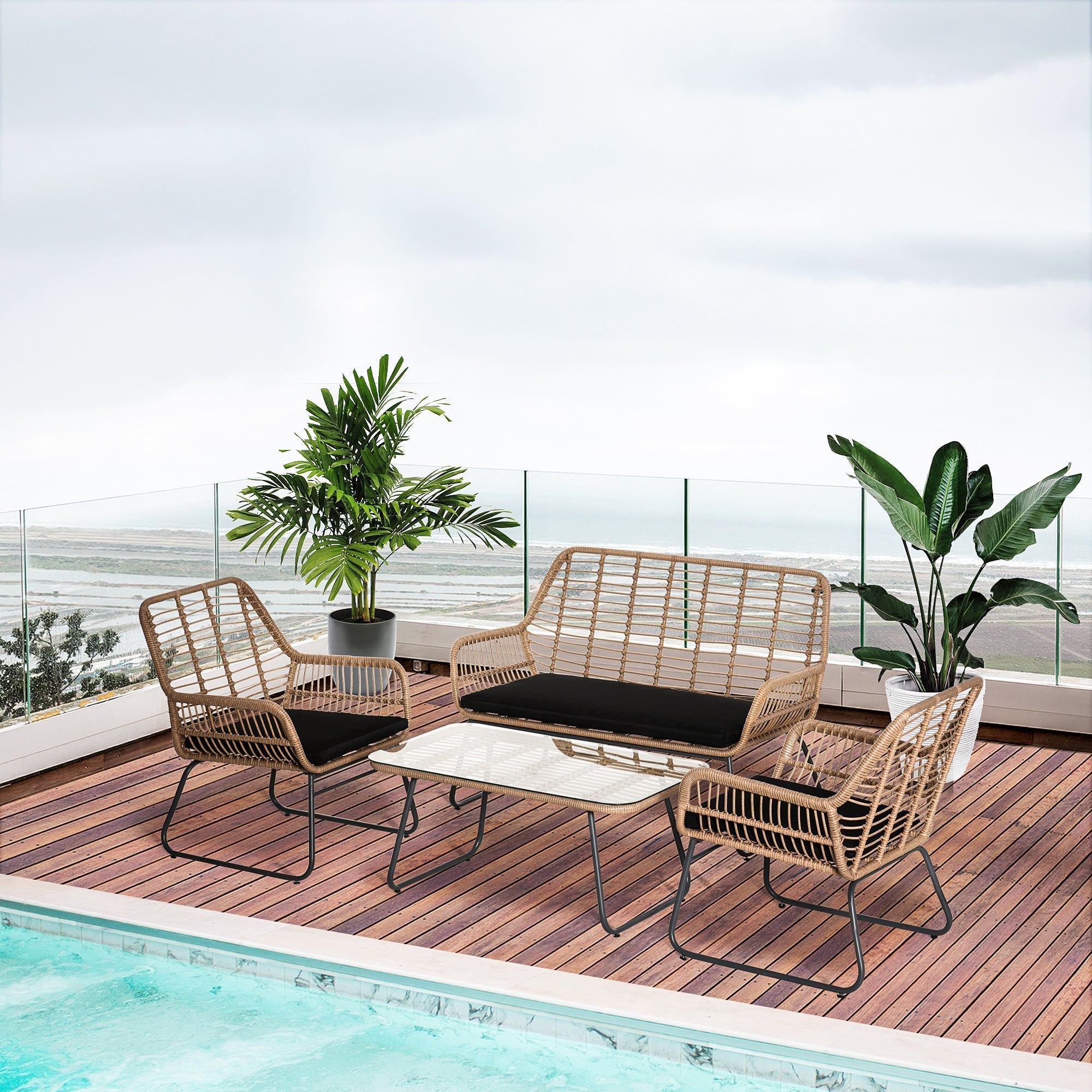 Boho Style PE Rattan Garden Furniture Set with 2 Armchairs, Sofa and Coffee Table - Borge' Group Limited
