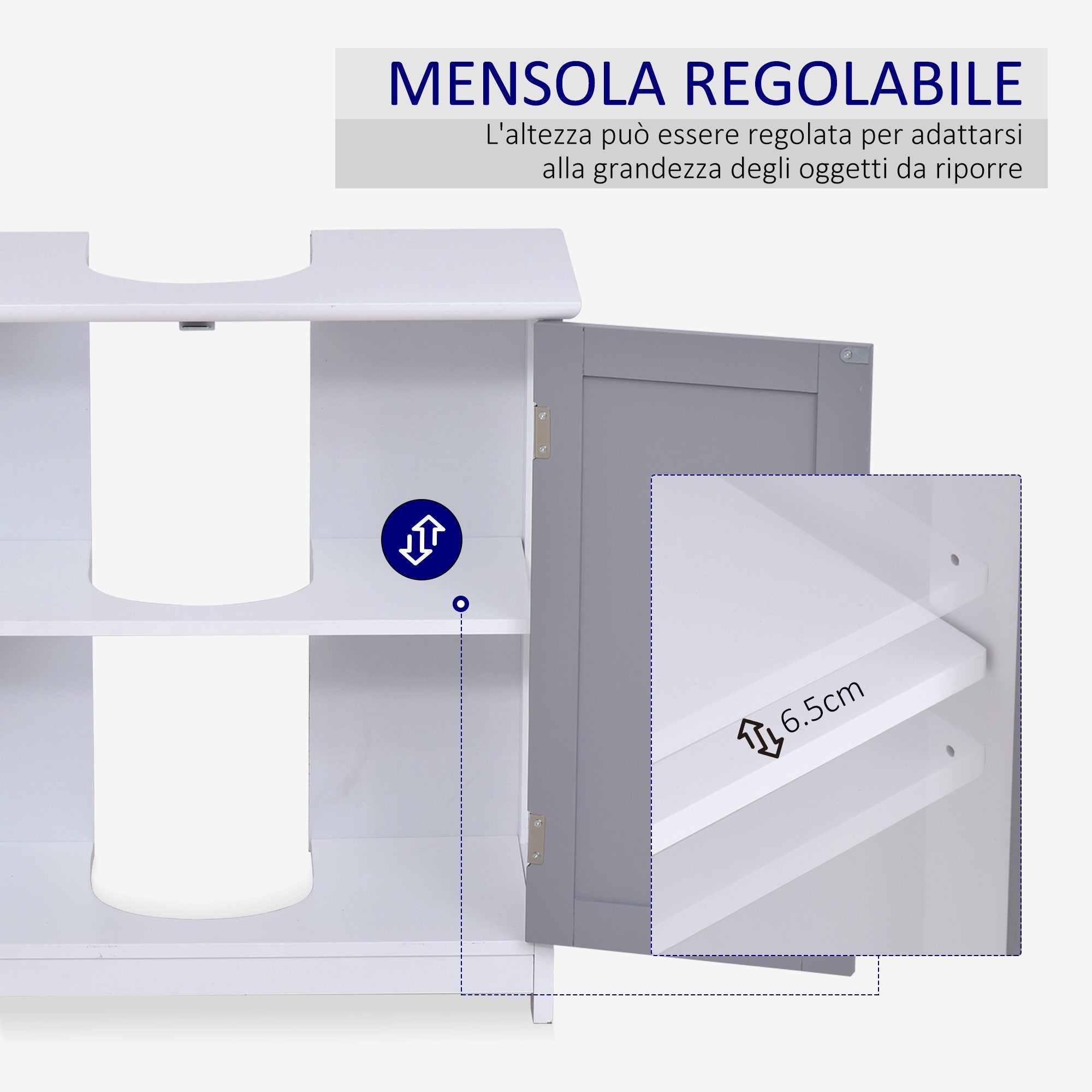 Kleankin Mobile Under Bathroom Washa with U -cut, 2 doors with adjustable shelf in MDF, 60x30x60cm Grey white - Borgè