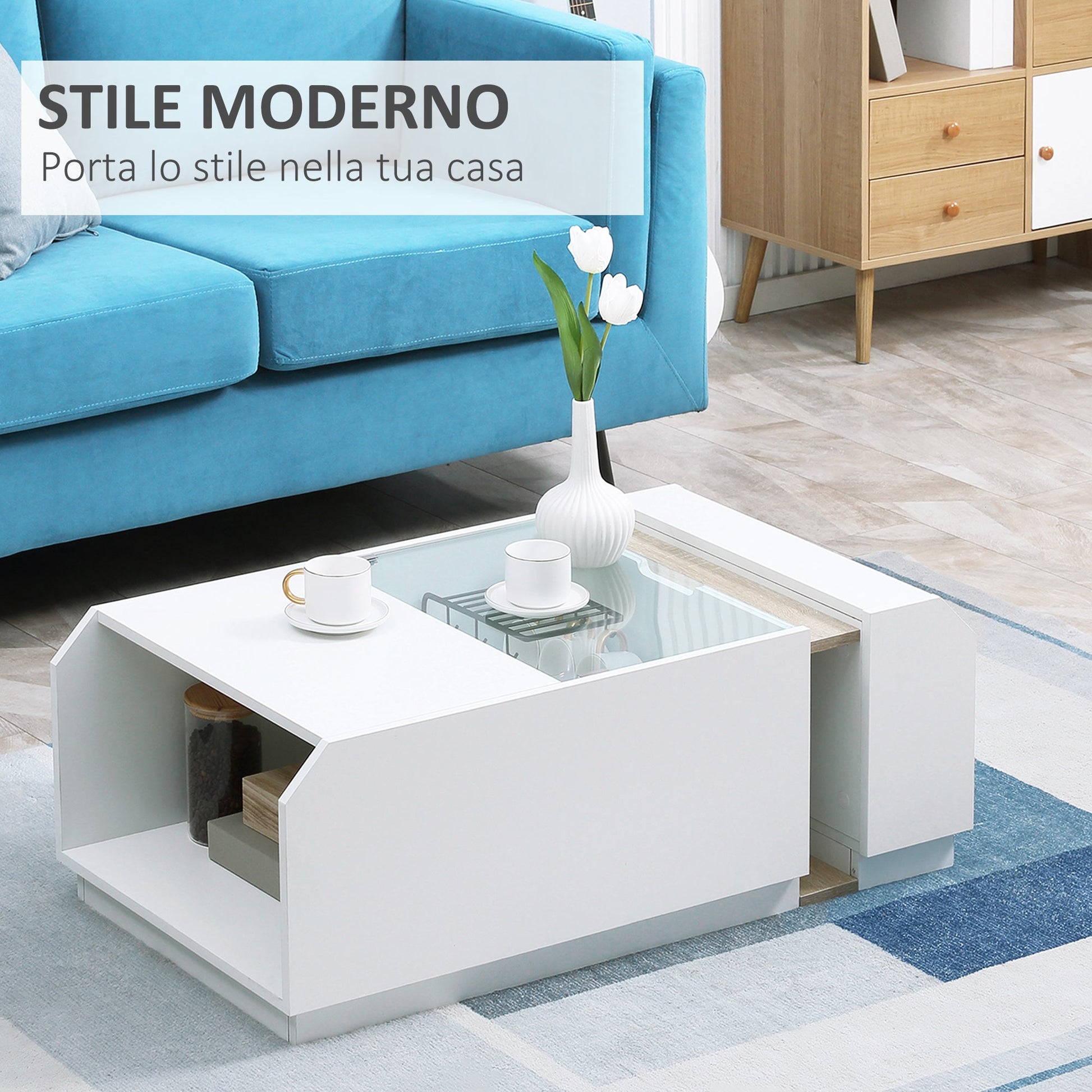 Modern Living Room Table with shelves and hidden compartments in wood and glass, 100x55x36cm - Borgè