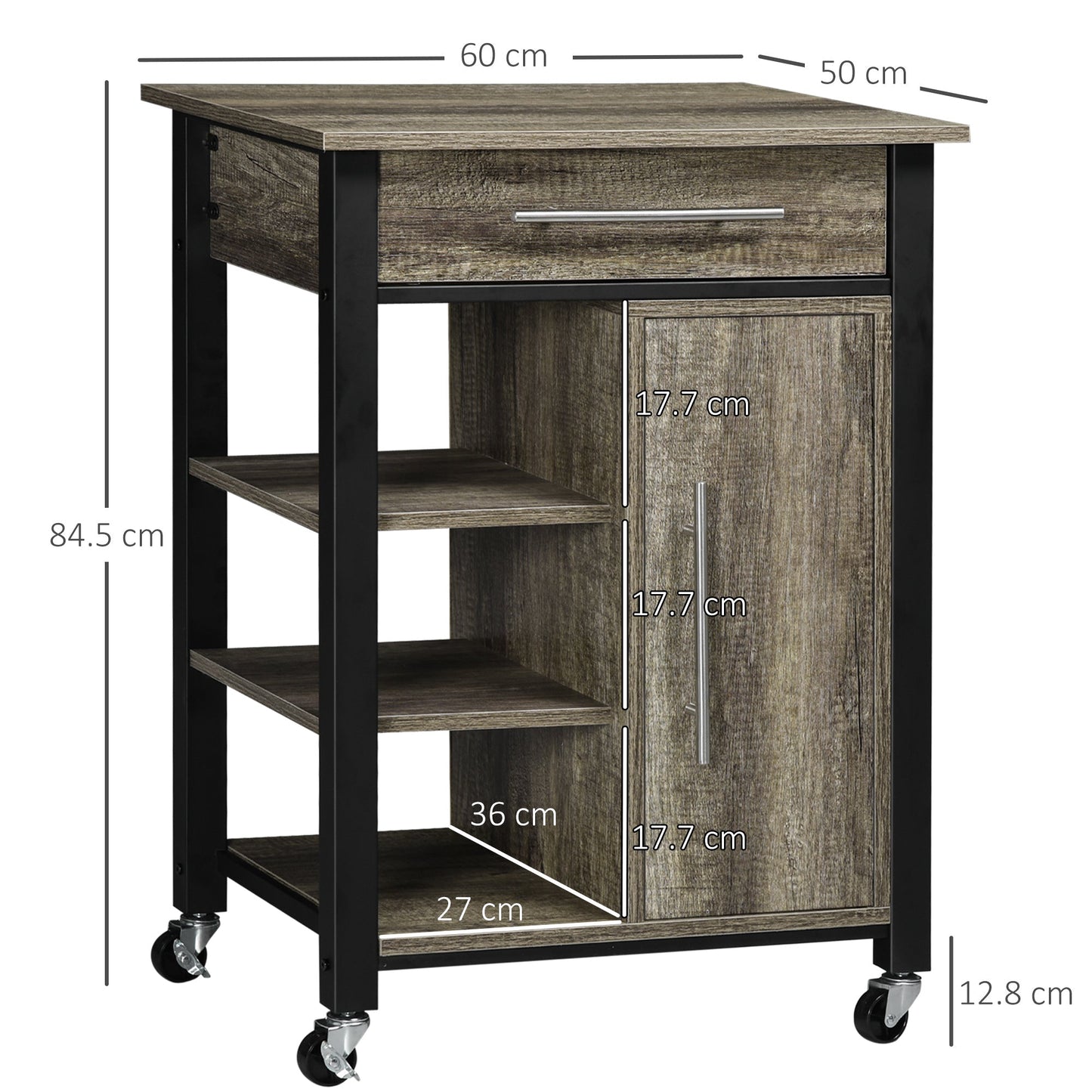 kitchen trolley spirits with wheels, chipped wood, 60x50x84.5cm, brown