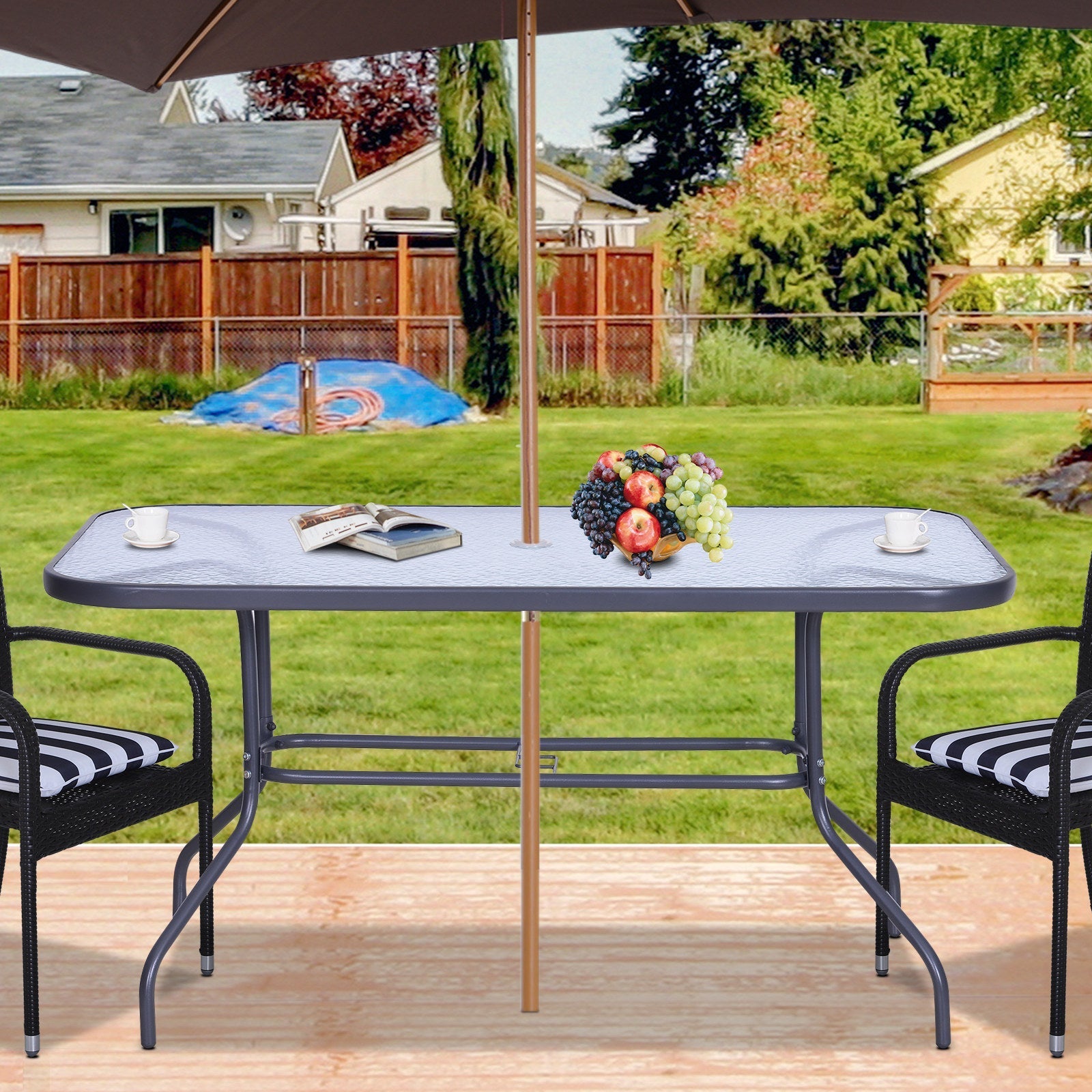 Garden Table with Umbrella Hole, Outdoor Furniture in Metal and Glass 140x80x70cm Grey - Borge' Group Limited
