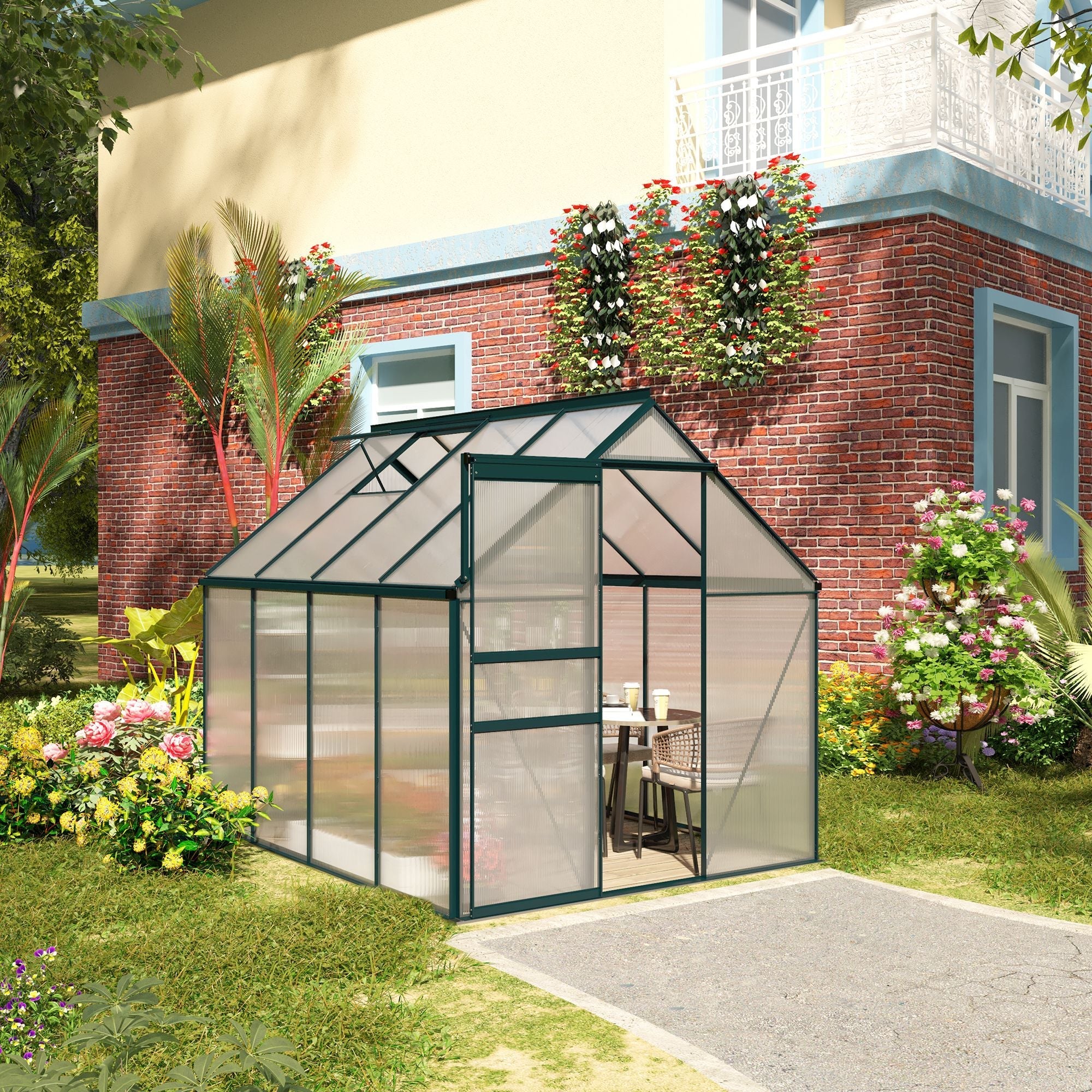 Garden Greenhouse in Polycarbonate, Metal and Aluminum, Anti-UV and Windproof, 190x253x199cm, Green - Borge' Group Limited