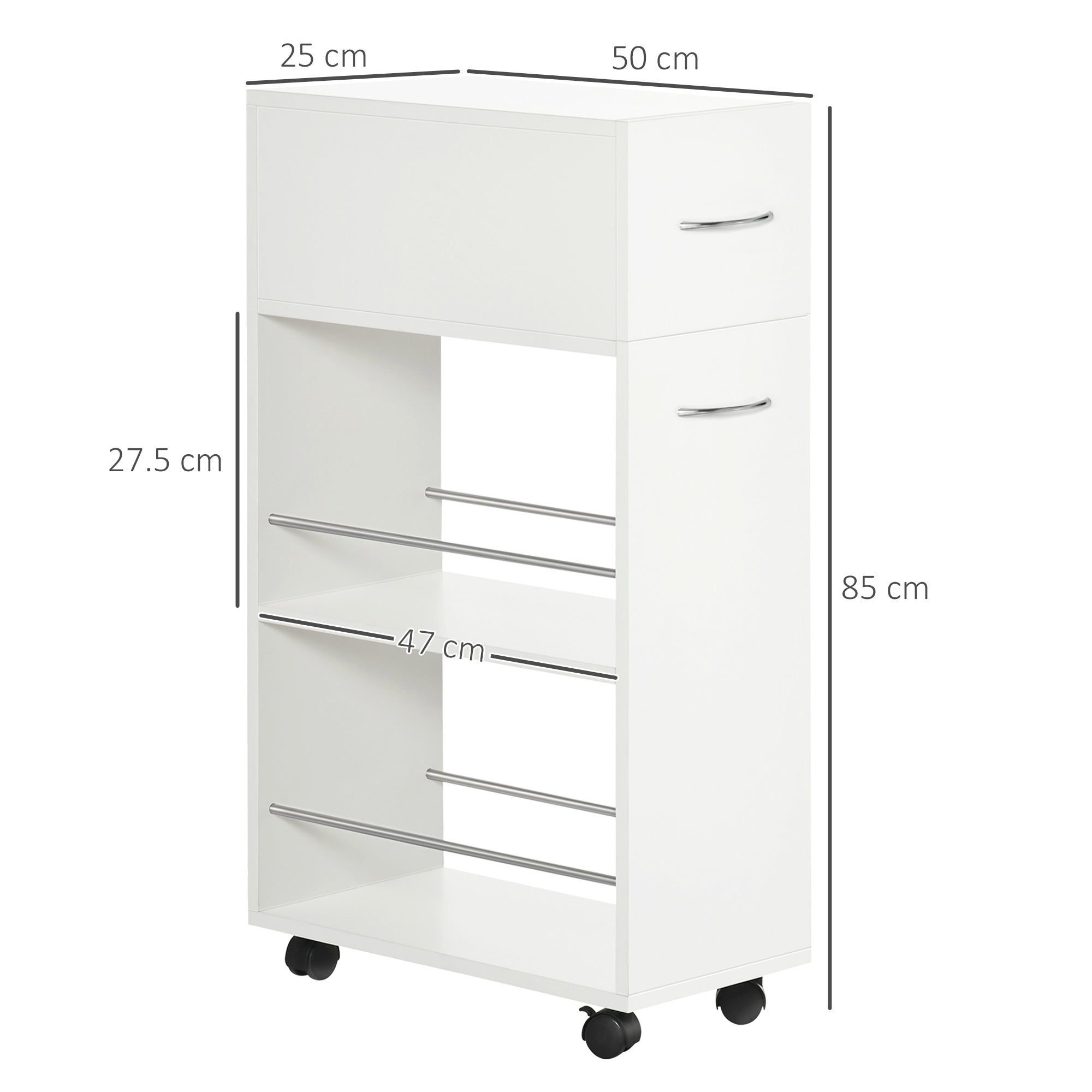 kitchen trolley in chipboard and stainless steel with 2 open shelves, removable drawer and parapetti, 25x50x85 cm - Borgè