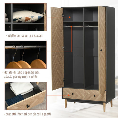 wardrobe with two wooden doors: 4 rooms, 2 hangers and dark Grey drawers - Borgè