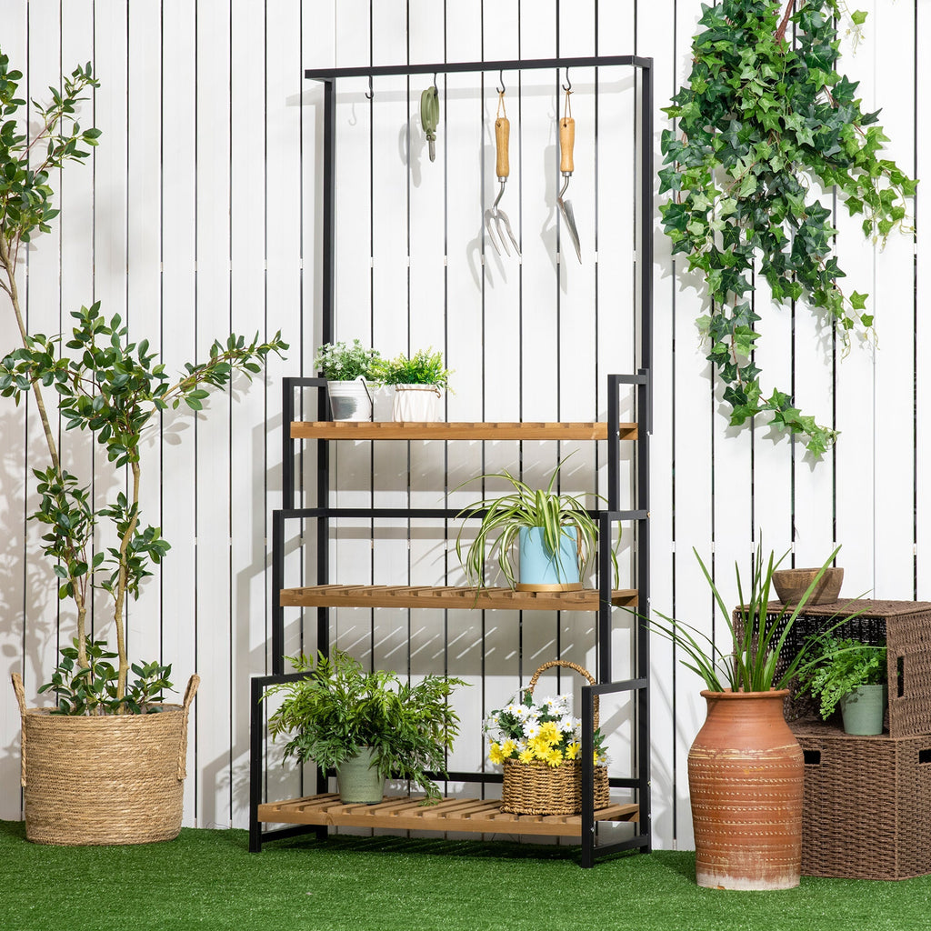 3-Tier Flower Stand with Top Hooks Fir Wood and Metal for Indoor and Outdoor, 80x36x174 cm - Borge' Group Limited