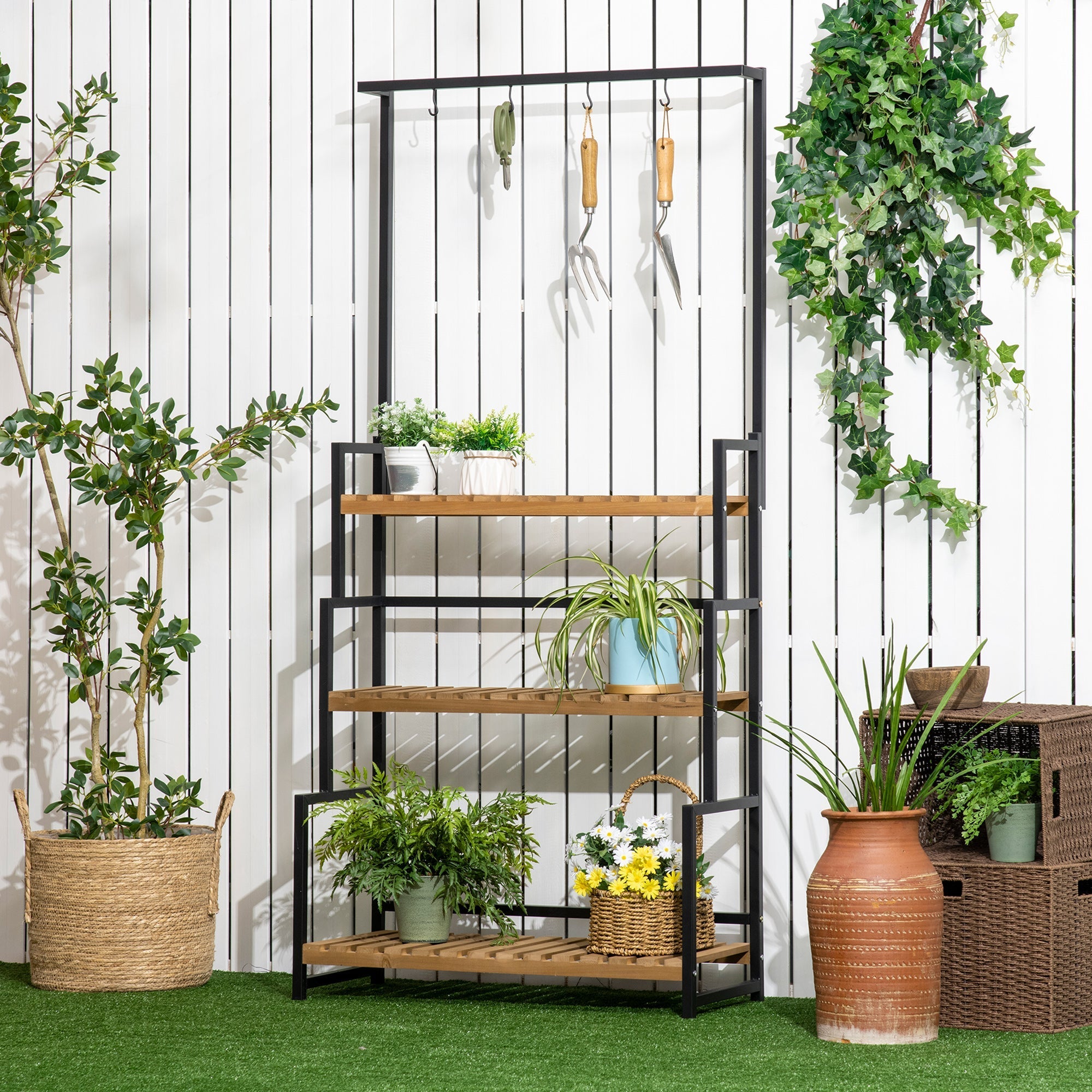 3-Tier Flower Stand with Top Hooks Fir Wood and Metal for Indoor and Outdoor, 80x36x174 cm - Borge' Group Limited