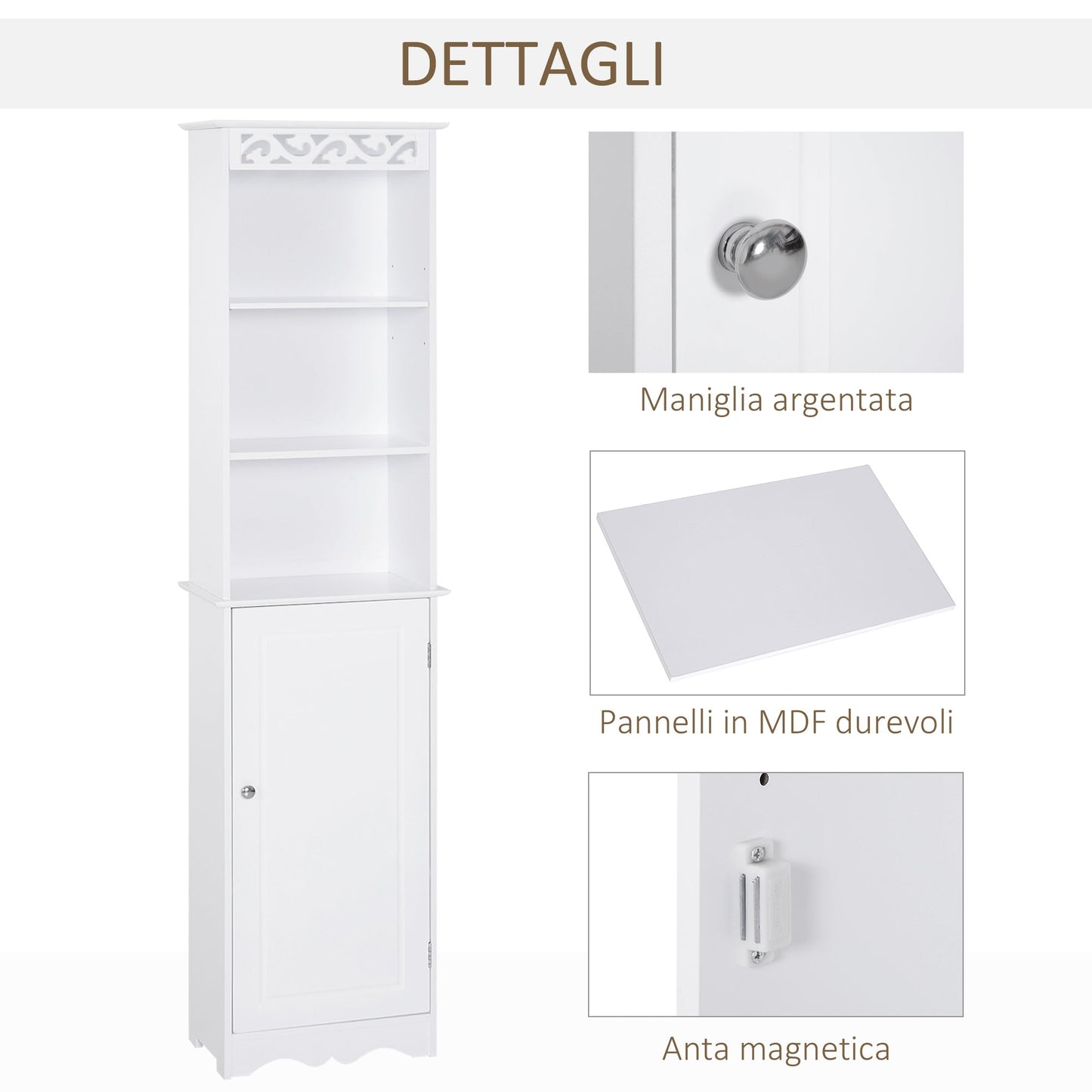 column cabinet for wooden bathroom with white floral carving decoration 40 x 23 x 160 cm - Borgè