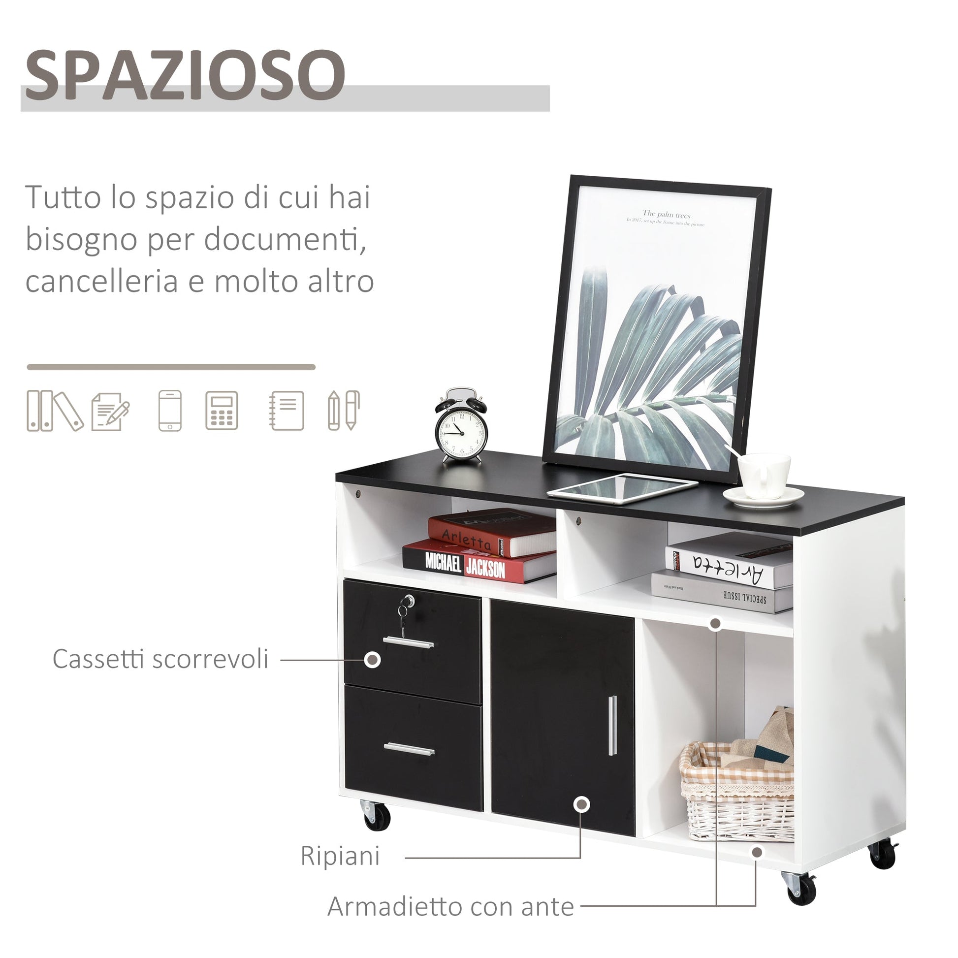 Mobile Printer Porta With Drawers Multiuse Black And White Cabinet - Borgè