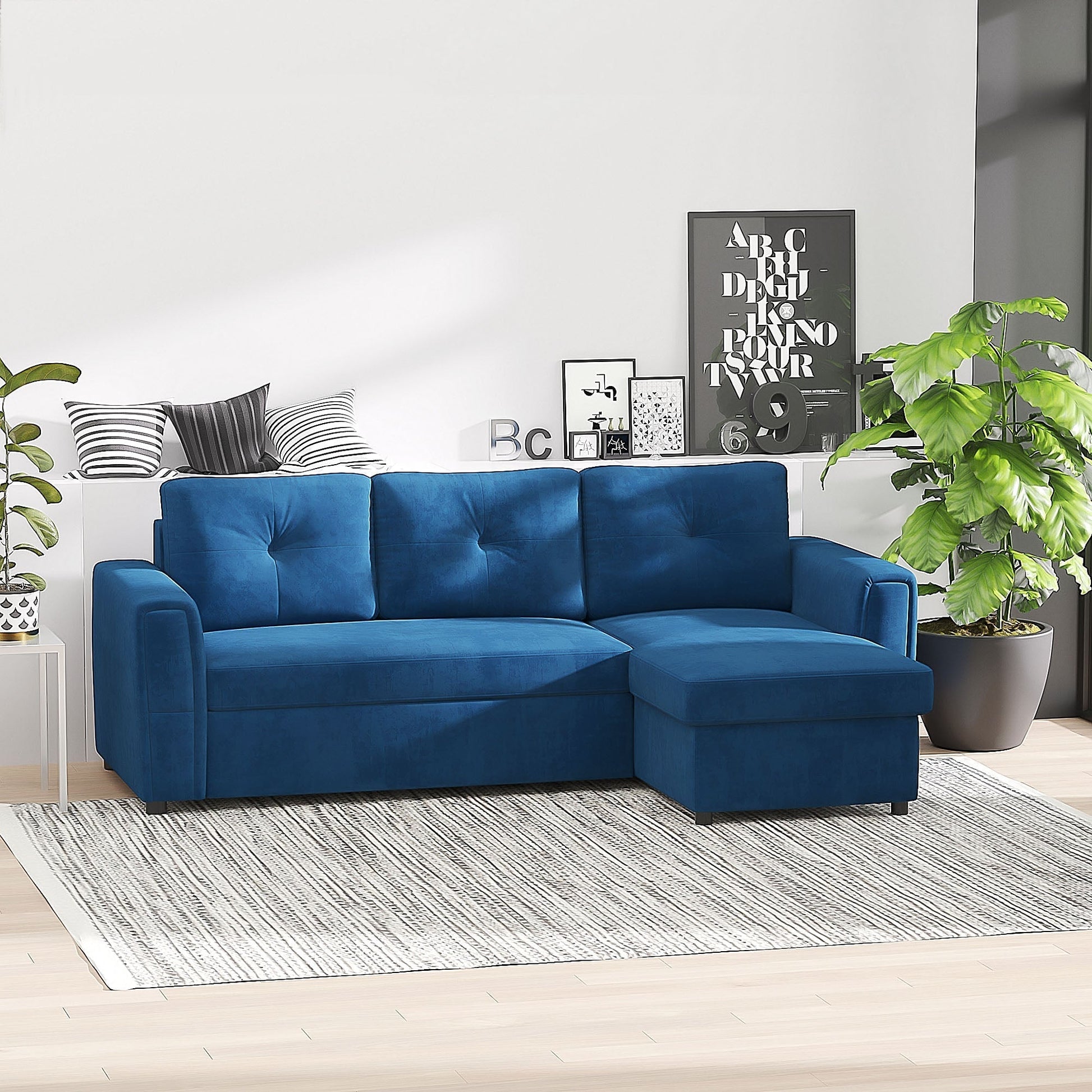 ALEA | 3 Seater Corner sofa bed with velvet effect coating, chaise longue with container, 232x141x85cm - blue - Borgè