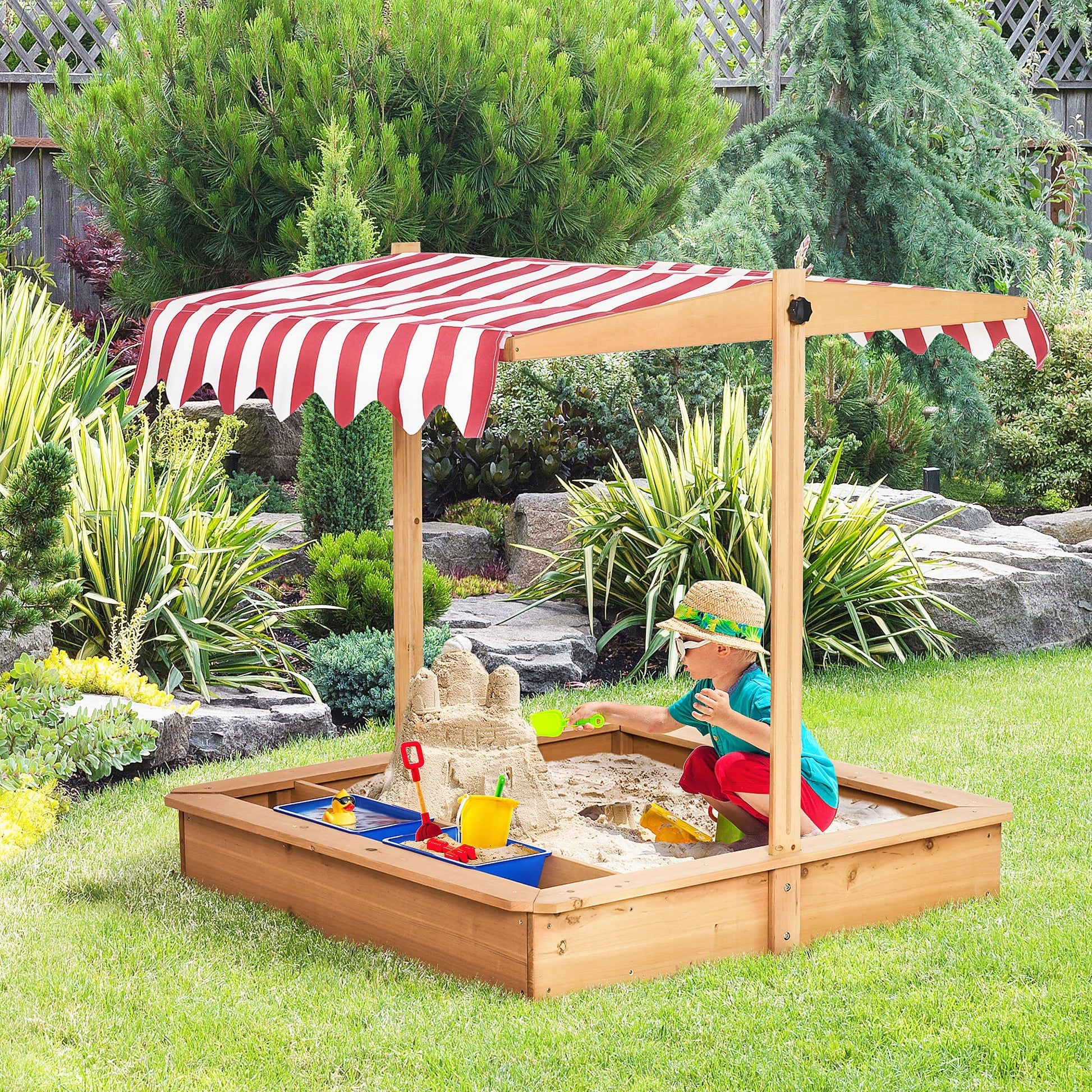 Outsunny Sabbiera for wooden children with adjustable roof, seats and trays, 107.5x107.5x110cm - Borgè