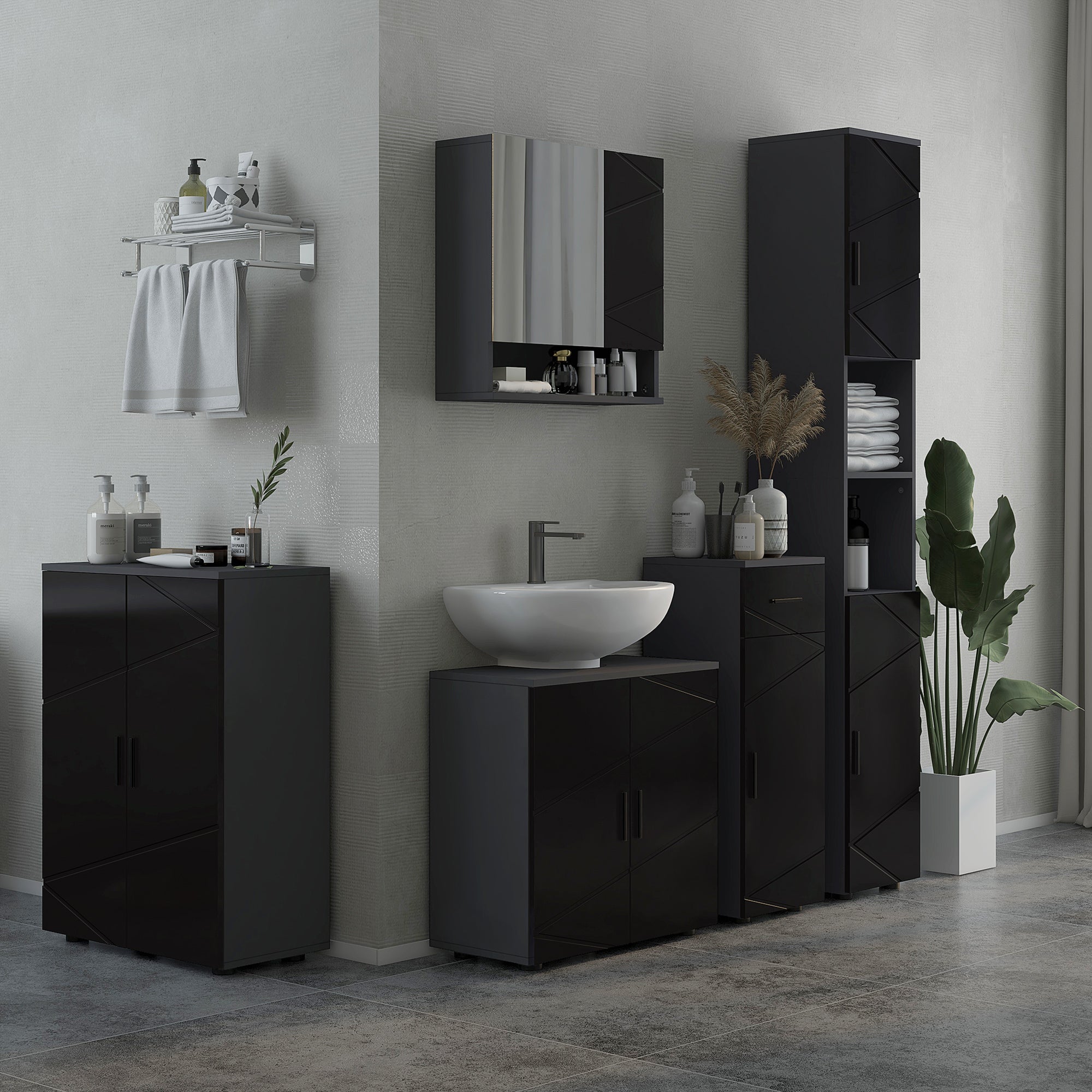 Kleankin Bathroom Cabinet in chipboard with drawer and 2nd levels adjustable, 30x30x82 cm, black and gray - Borgè