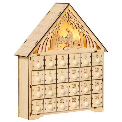 Wooden Advent Calendar with 24 drawers and carved crib 26.6x6x30cm - Borgè