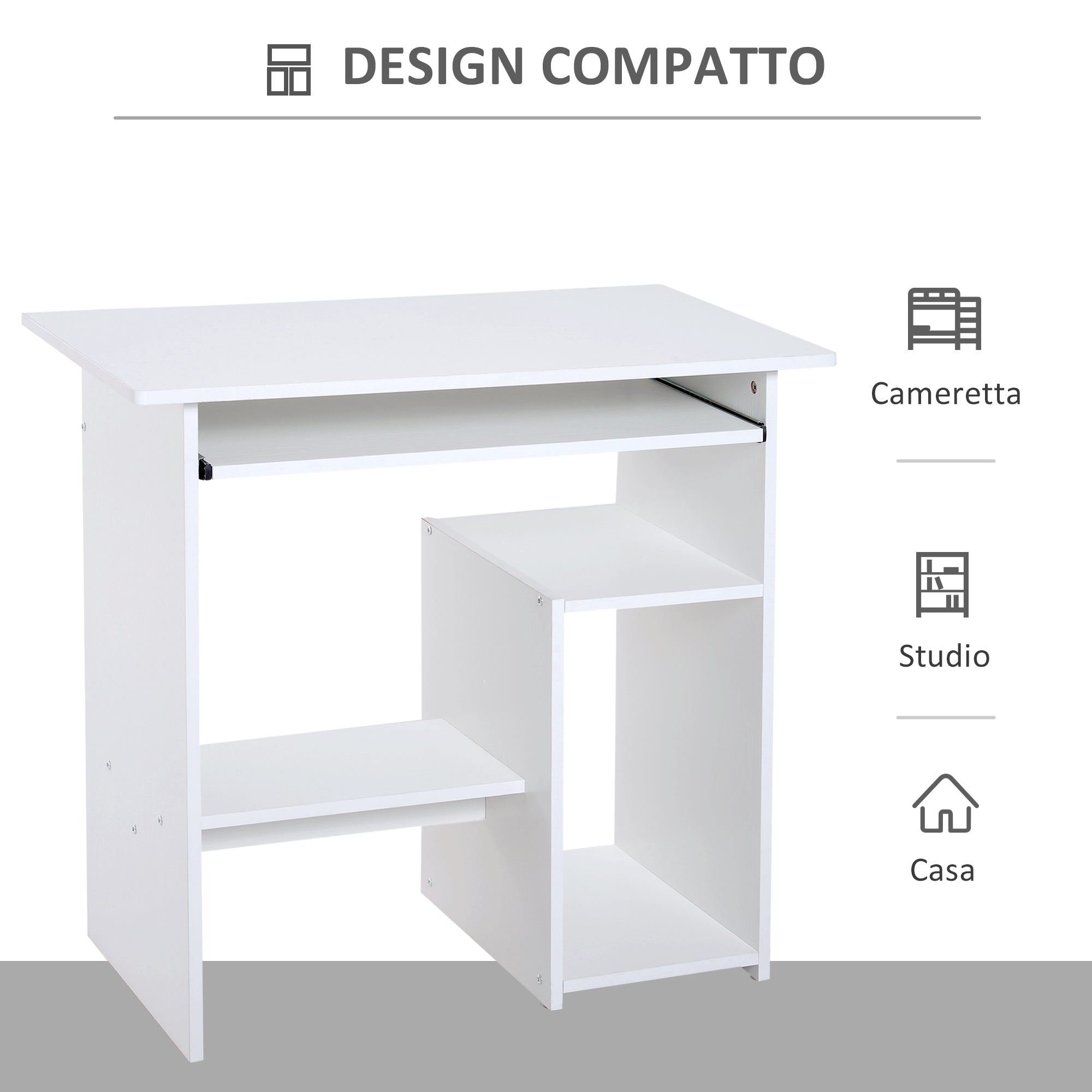 compact desk with shelves and shelf removable wooden keyboard, 80x45x75cm, white - Borgè
