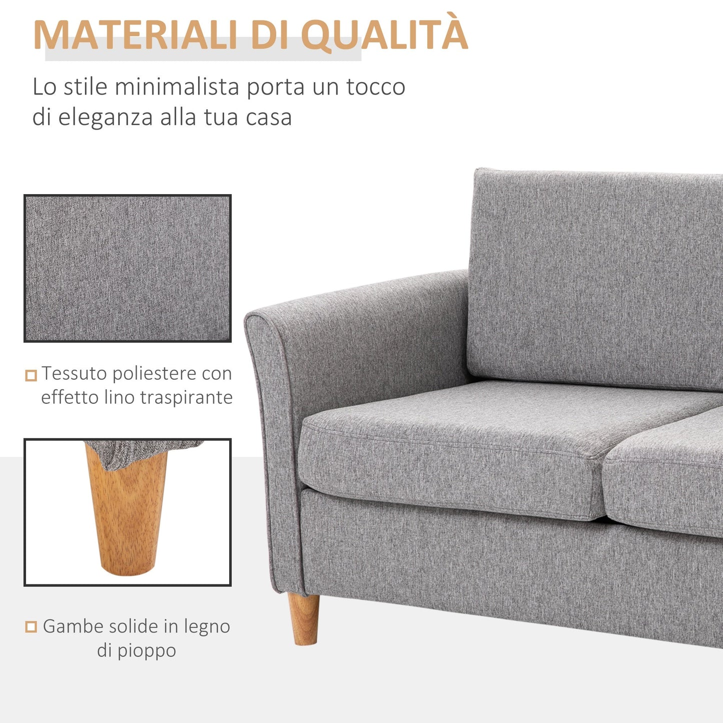 Sofa two seats Modern and compact line in Grey and wood linen (70cmx141cmx78cm) - Borgè