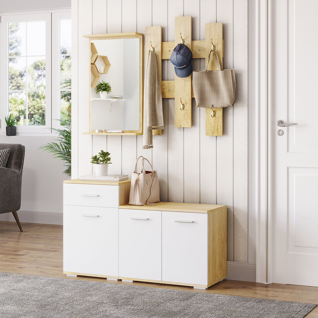set for 3 in 1 entrance with wall hangers, mirror and boot with wooden bench - Borgè