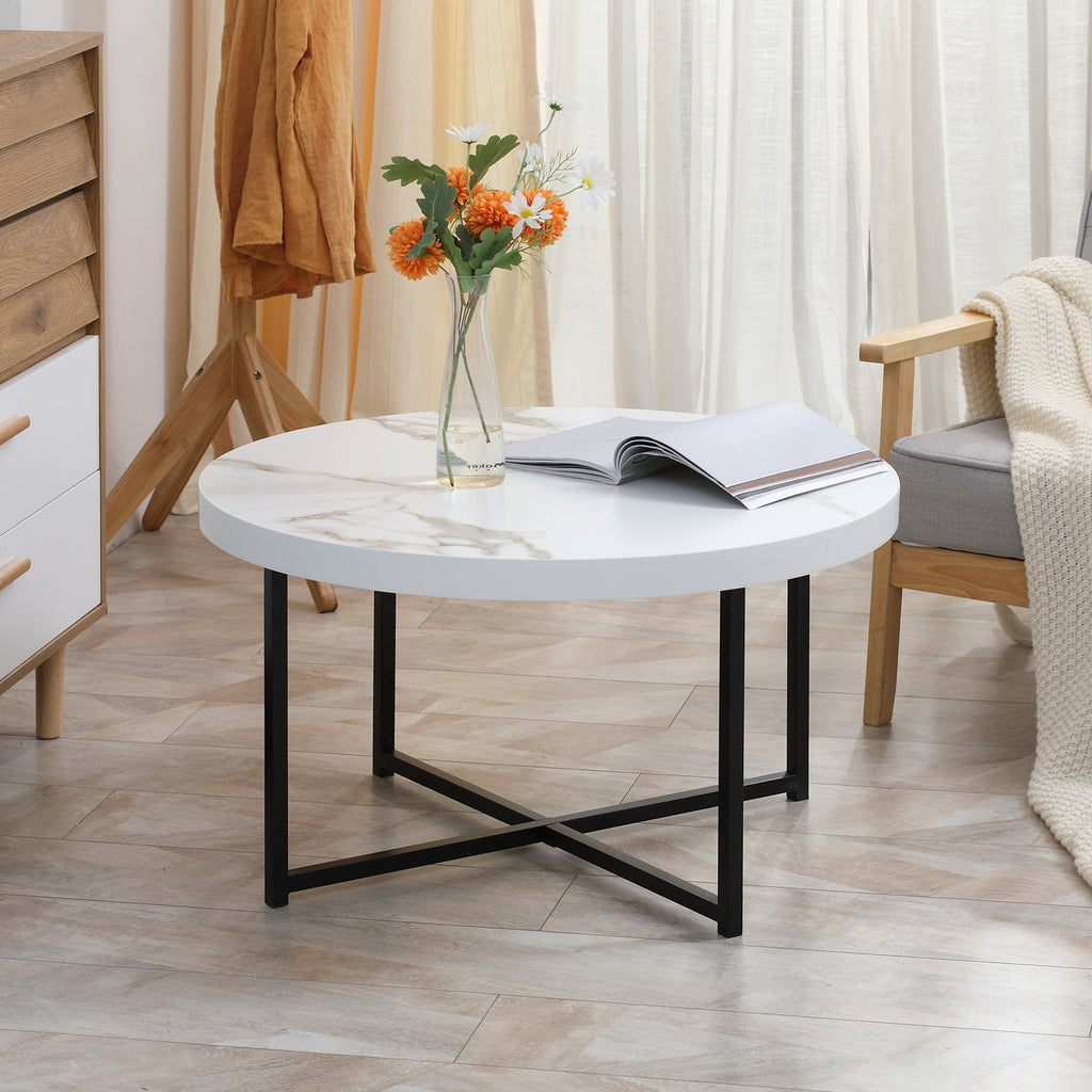 Round coffee coffee table with marble effect in mdf and metal legs, φ80x45 cm, white - Borgè