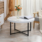 Round coffee coffee table with marble effect in mdf and metal legs, φ80x45 cm, white - Borgè