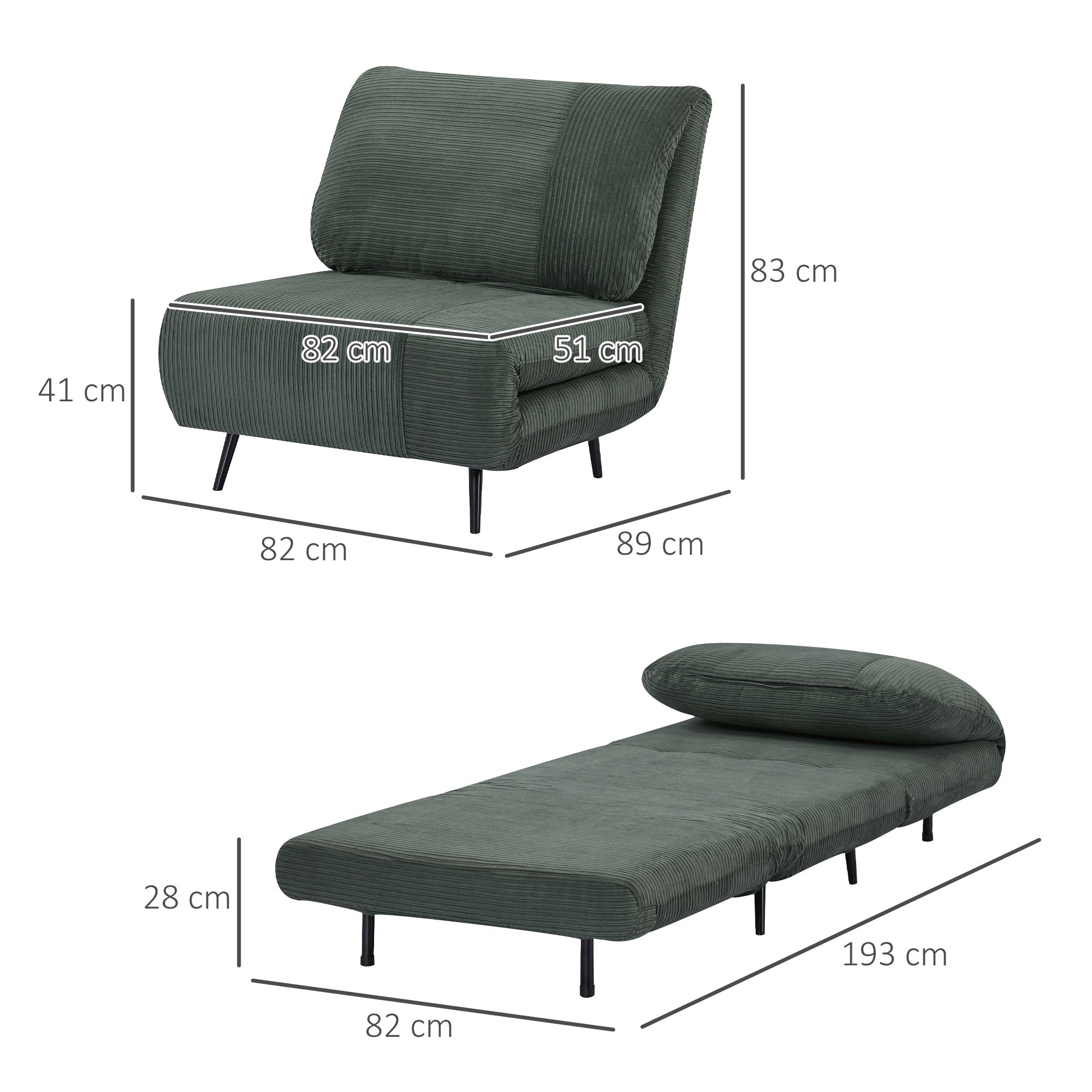 Homcom armchair bed 2 in 1 single, backrest adjustable on 3 levels and padded, wooden structure and steel - Borgè